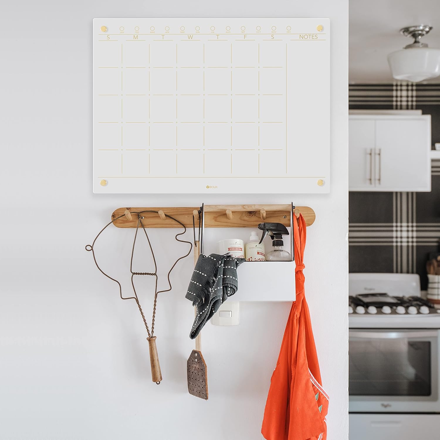 Glass Golden Monthly Dry Erase Calendar Whiteboard for Wall, 17" x 23", Frameless Large Monthly Planner Menu White Board for Home Kitchen, Office, 4 Wet Erase Markers Included, Yeoux