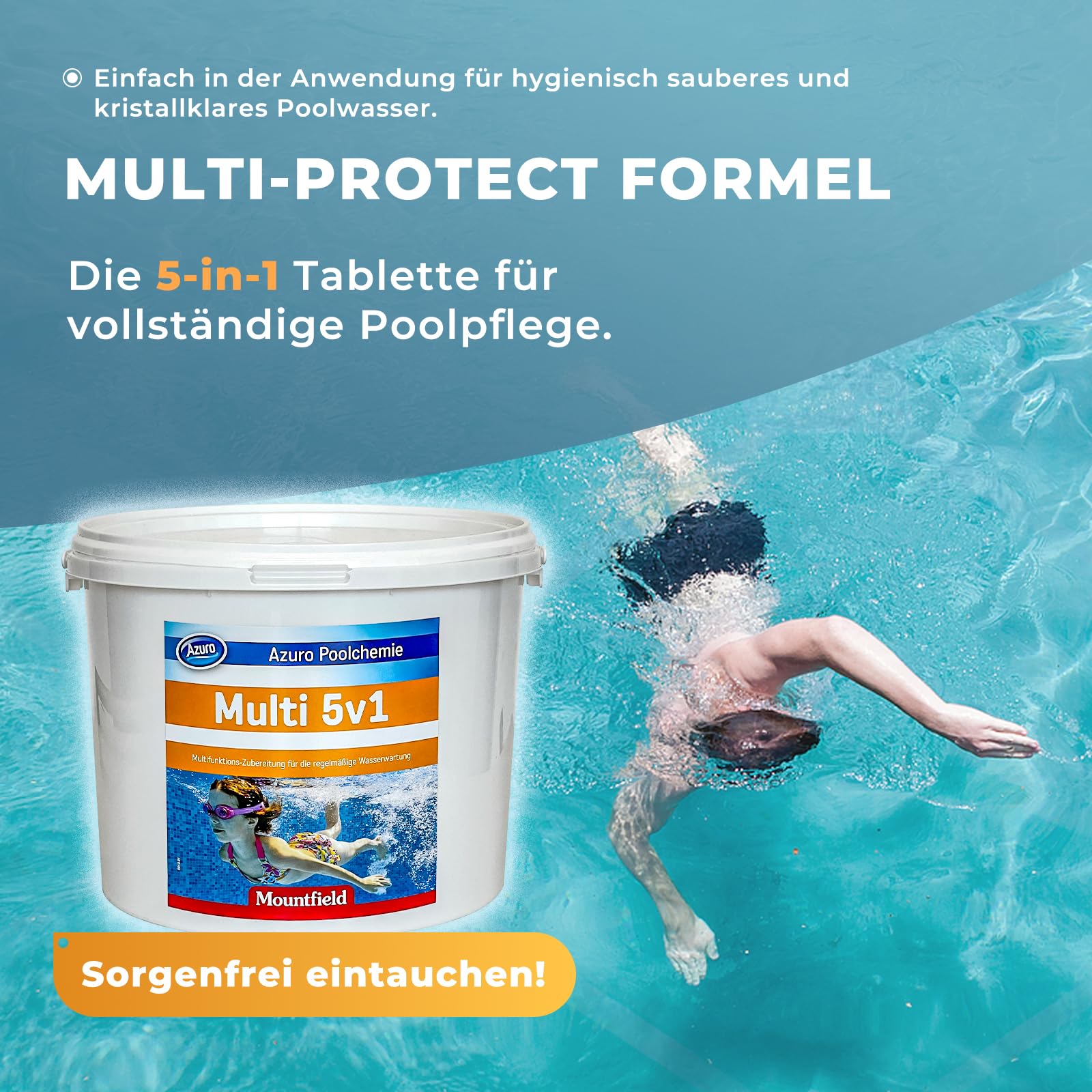 Azuro Multi 5in1 Chlortabletten für Pool – Pooltabs Multitabs 5 in 1 mit Chlor – Desinfektion, pH-Regulierung, Flockung, Wasserenthärtung & Algenverhütung – 100% (5 KG)
