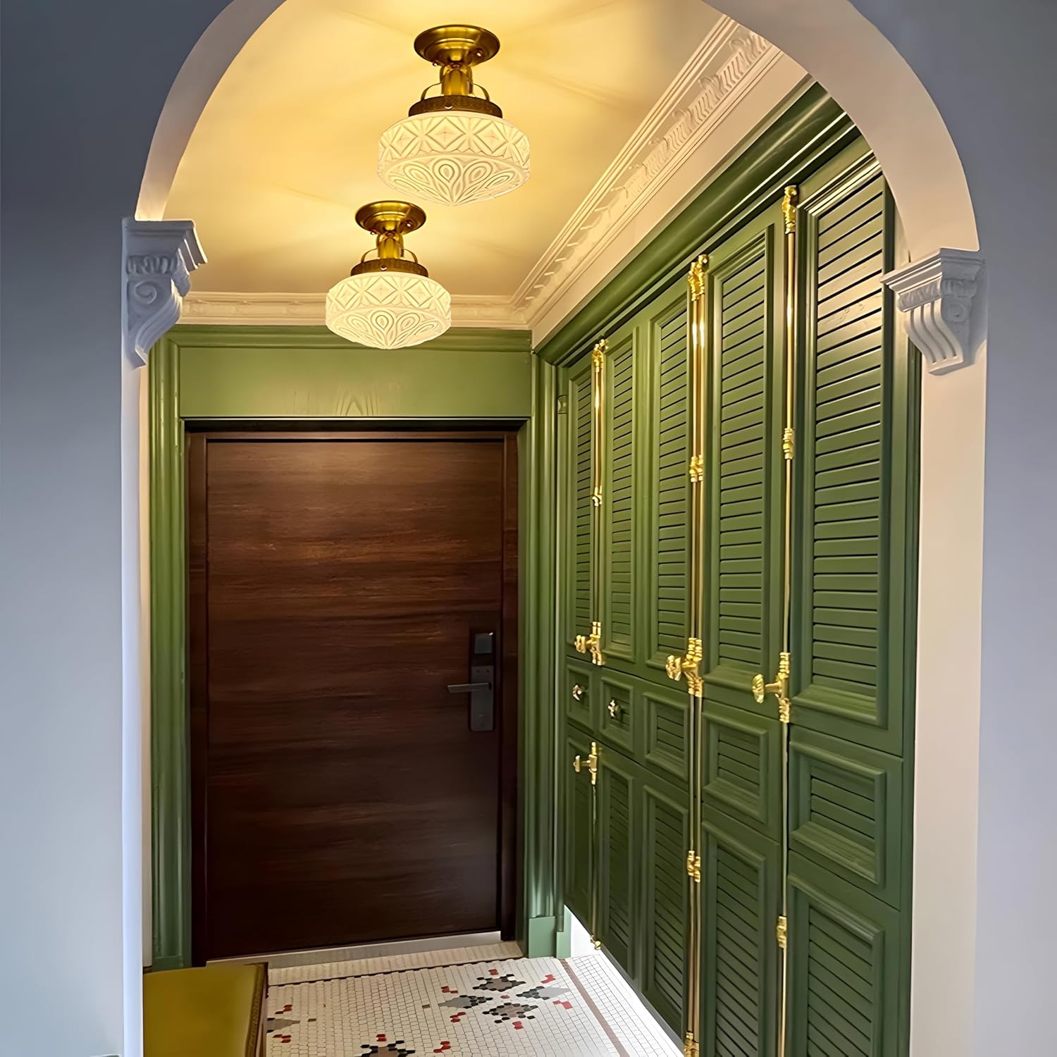 Bofea-Gold Semi Flush Mount Ceiling Light,Brass Light Fixture,Vintage Milk Yellow Glass Flush Mount Ceiling Lights,Hallway Light Fixtures,Mid Century Chandelier for Foyer Bedroom Bathroom