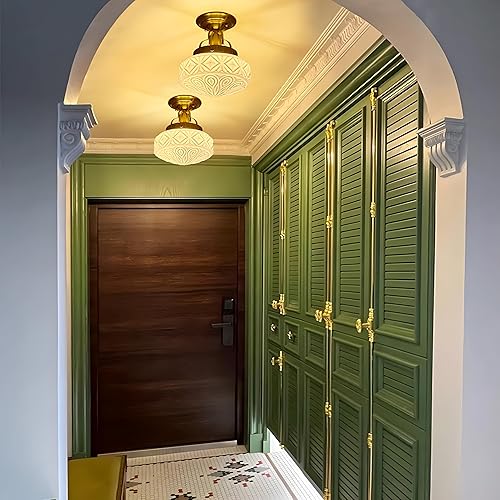 Miniatura 4 de Lámpara de techo semiempotrada dorada, lámpara de latón, luces de techo de vidrio amarillo leche vintage, lámparas de pasillo, lámpara de mediados