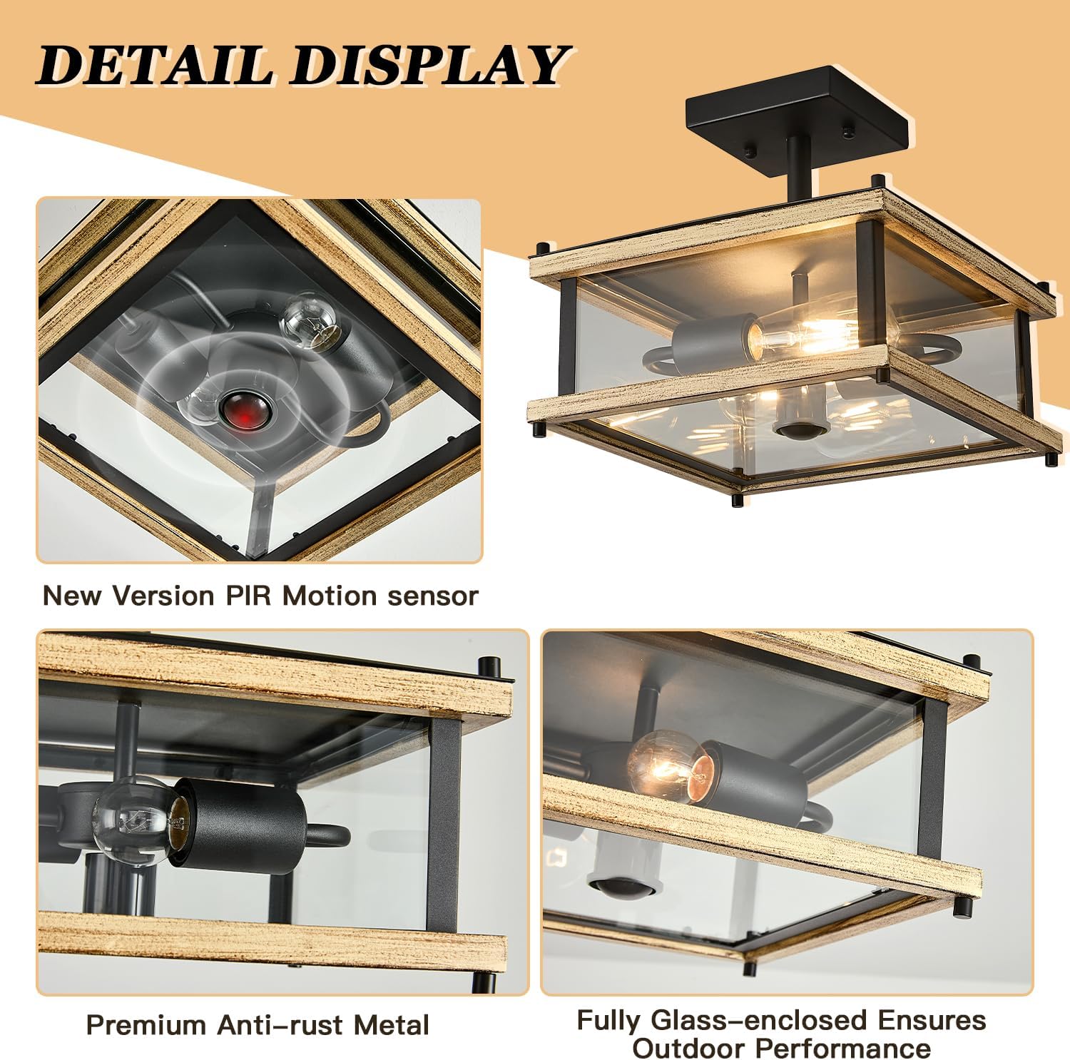 2-Light Farmhouse Motion Sensor Outdoor Ceiling Light Square Metal Frame Wood Grain Flush Mount, Industrial Exterior Porch Light Fixture with Clear Glass for Balcony Hallway Garage Entryway