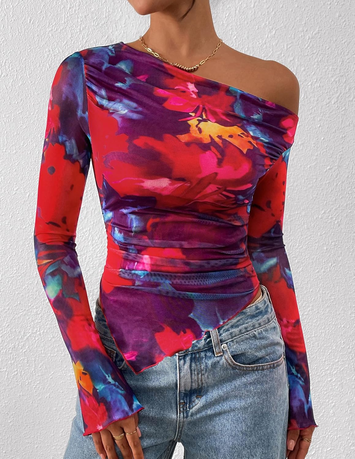 PRETTYGARDEN Womens Fall Trendy Off Shoulder Y2k Tops 2026 Tie Dye Mesh Long Sleeve Shirts Asymmetrical Ruched Floral Blouse - Image 2
