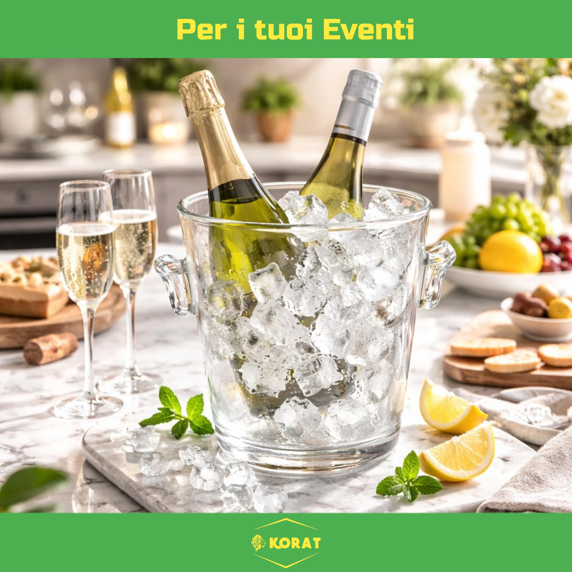 KORAT Secchiello Ghiaccio in Vetro Trasparente con Manici – Porta Bottiglie Champagne e Vino – 3 Dimensioni (Piccolo, Medio, Grande) – Elegante per Feste, Eventi e Casa (Grande - 20x20x25 Cm)