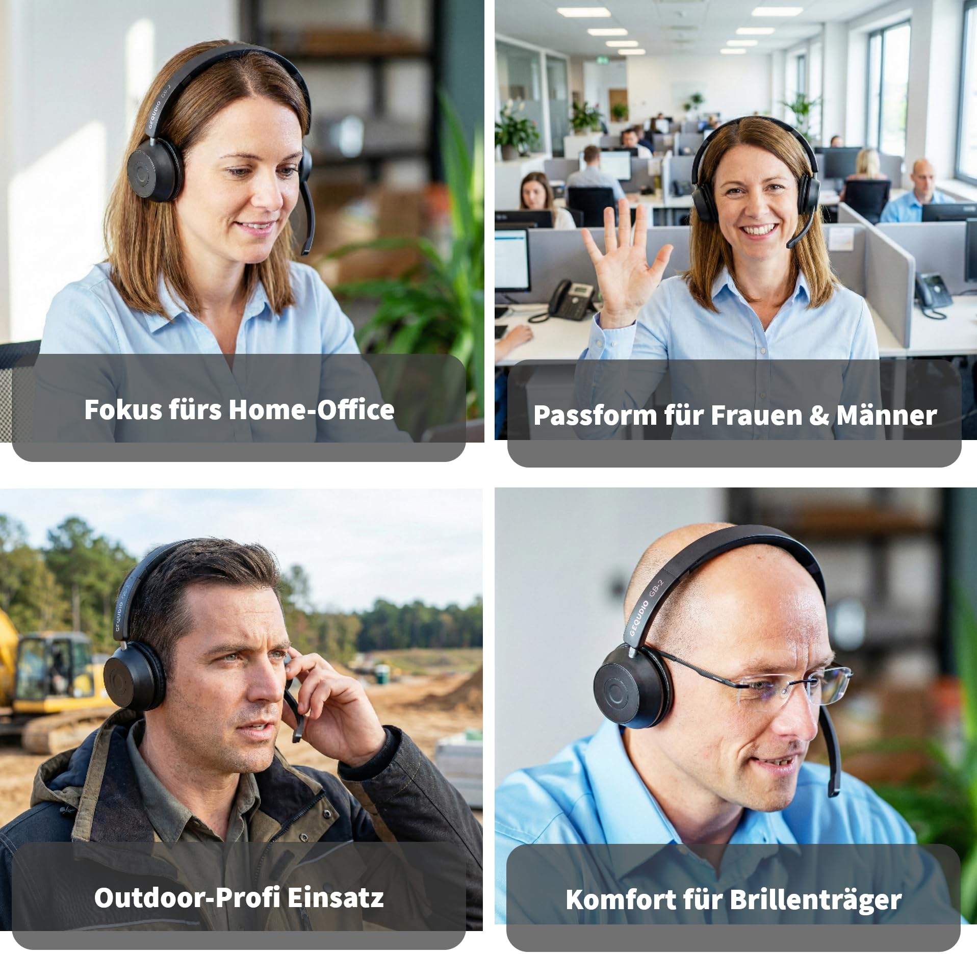 GEQUDIO Bluetooth Headset mit Mikrofon & Ladestation, GB2+, 500h Standby | Noise Cancelling · Multipoint · kabellos · für PC, Mac & Laptop · Home Office & Business · inkl. Ladeschale