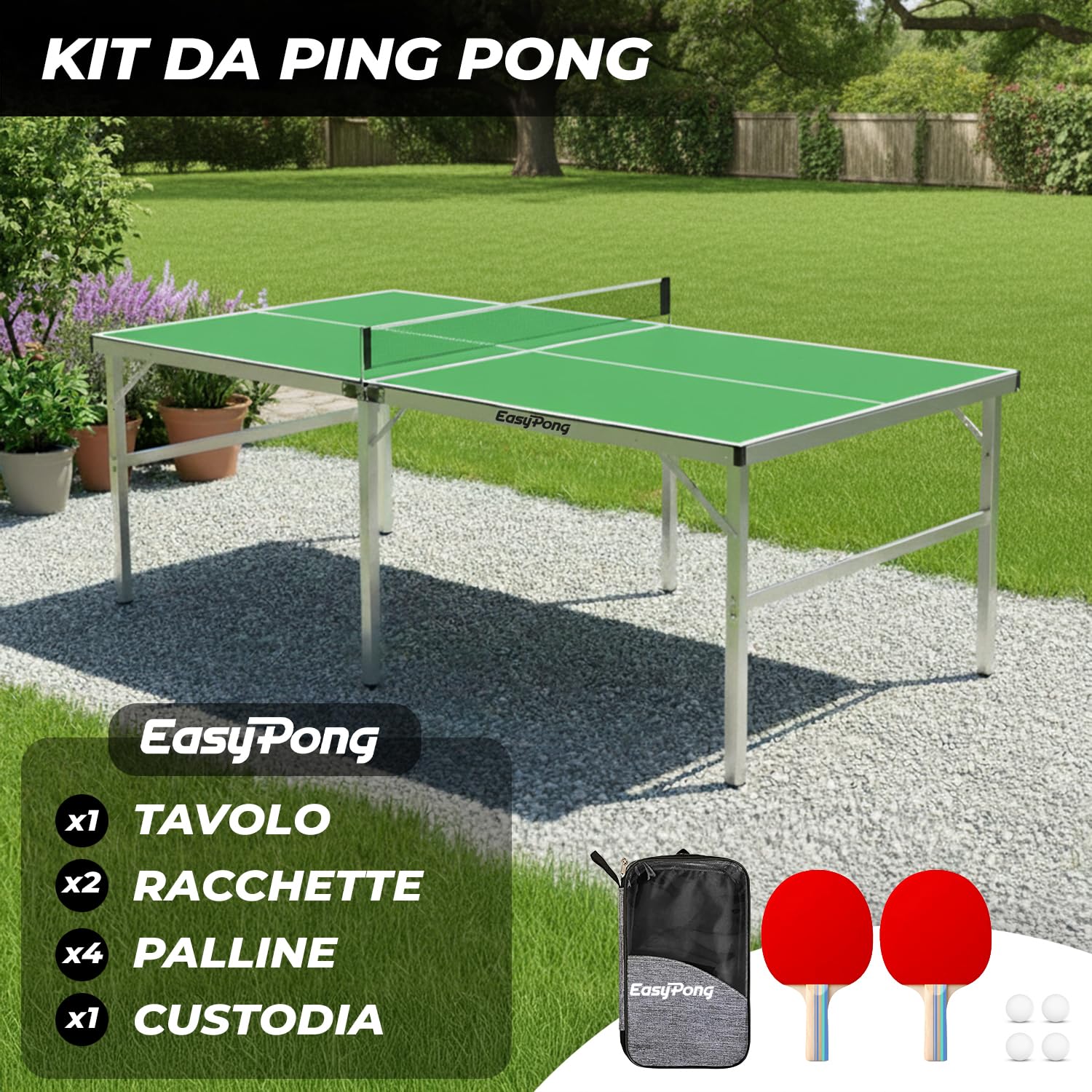 EasyPong | Tavolo da Ping Pong Verde | 182x91cm | qualità Premium | Facile da trasportare | Stabile | Ideale per Esterni e Interni | 2 Racchette + 4 Palline | Tennis da Tavolo | OriginalCup