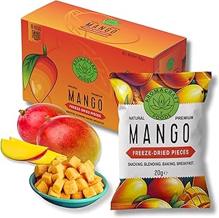 Freeze Dried Mango pieces - Healthy 100% Fruit Snacks, Gluten-Free, No Added Sugar, 6x20g Packs - Made from Naturally sweet Alphonso Mango - Ideal for Snacking, Breakfast, Blending, Smoothies