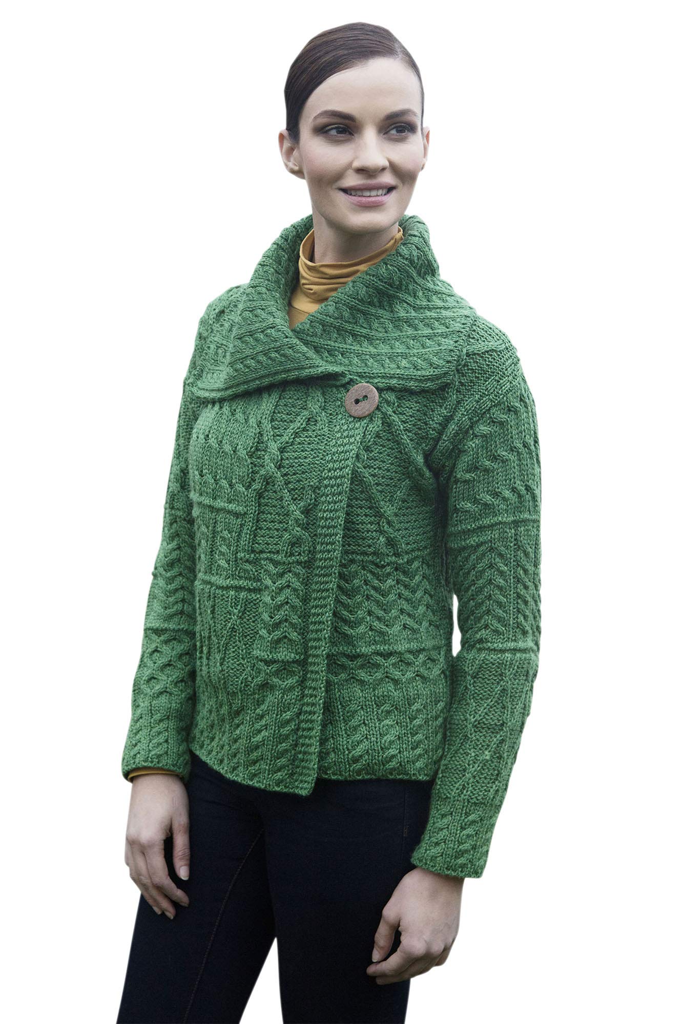 Aran Woollen MillsLadies Patchwork 1 Button Collar Merino Wool Irish Cardigan