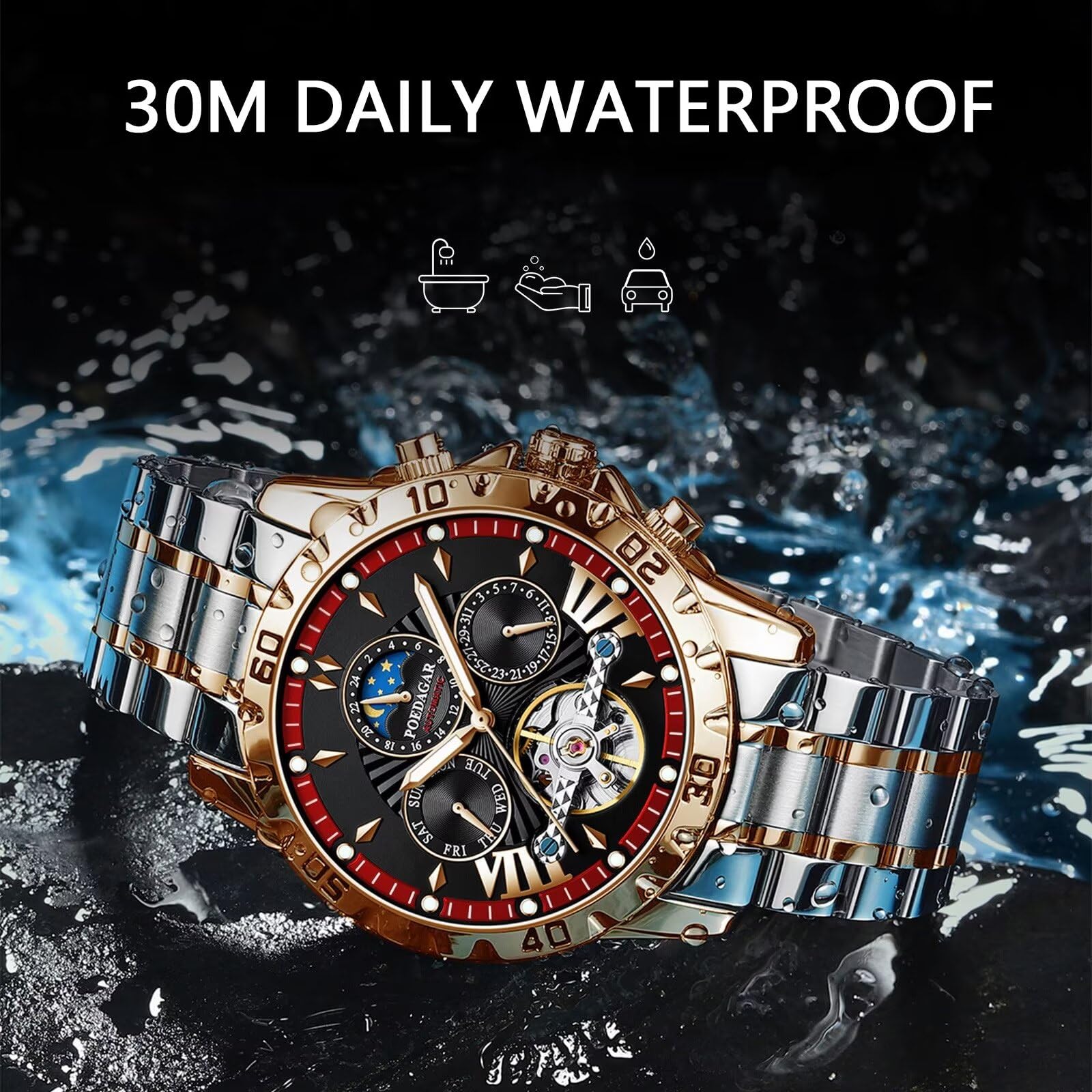 Orologio da polso da uomo, alla moda, con tourbillon, orologio meccanico da uomo, cinturino in acciaio inox, fasi lunari, orologi automatici impermeabili e luminosi