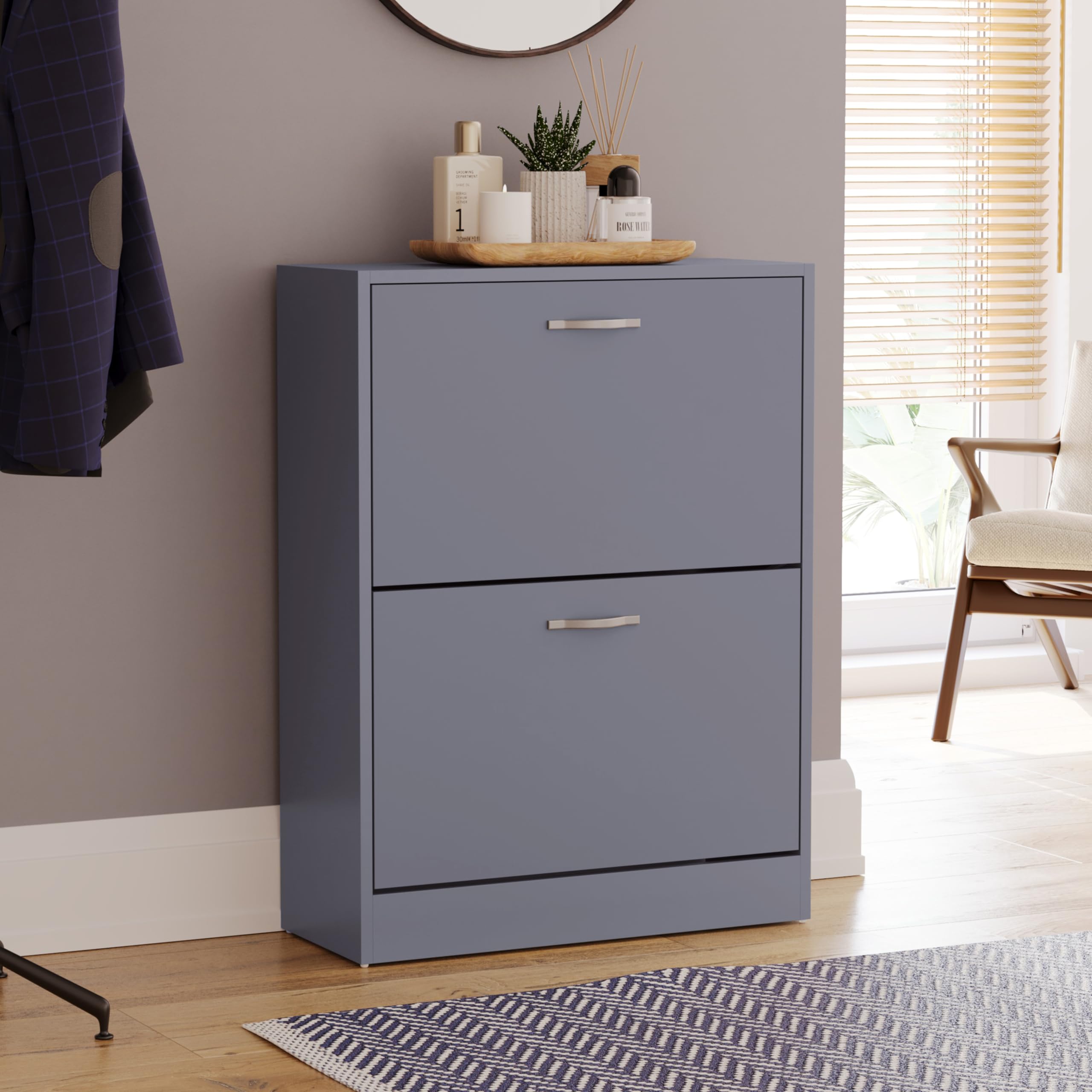 Vida Designs Shoe Cabinet, Wooden Shoe Storage Unit with 2 Pull-Down Drawers, Multifunctional Dust-Proof Space-Saving Slim Cupboard for Hallway or Entryway (Grey)