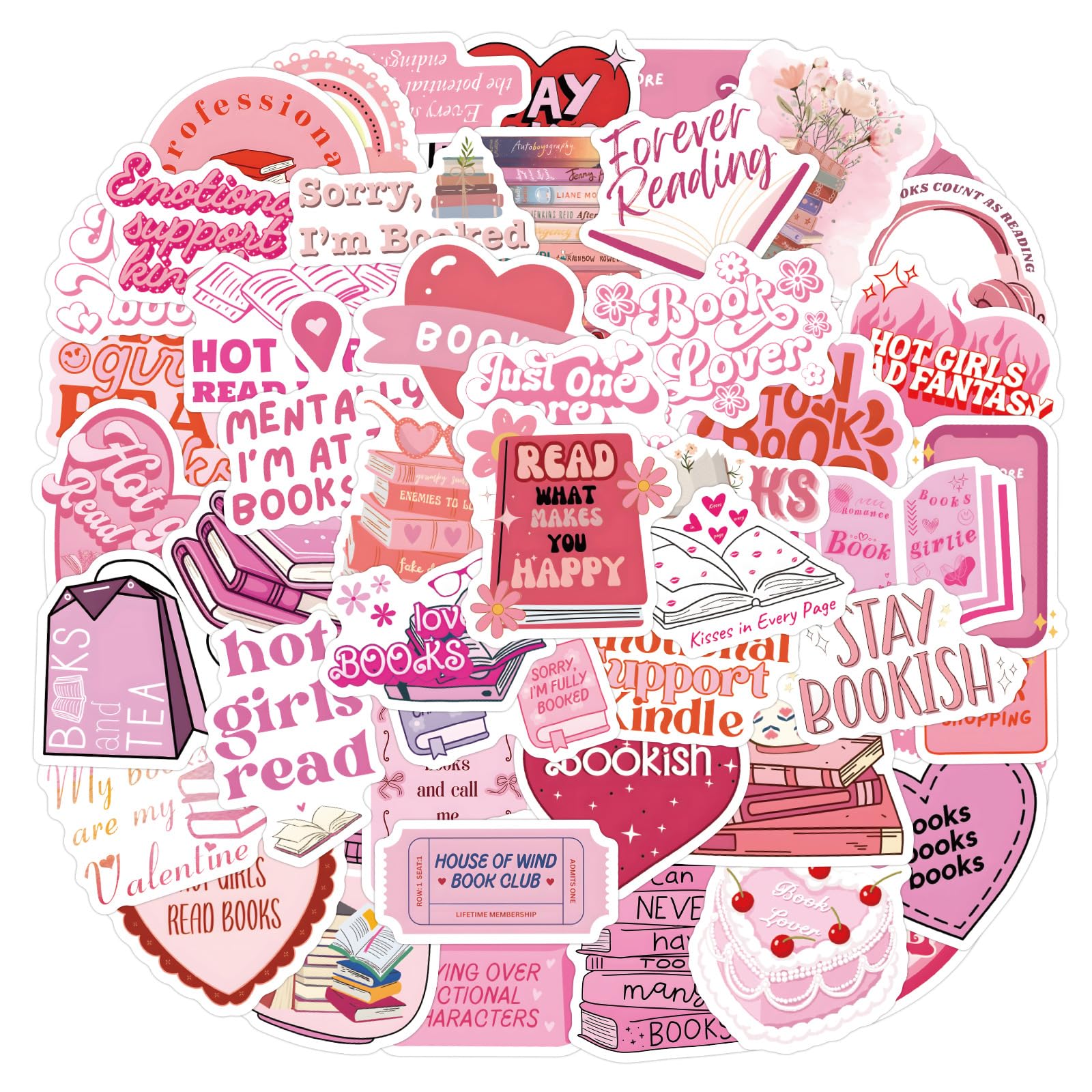 60PCS Pink Bookish Stickers for Reading, Aesthetic Book Lover Gifts for Women and Girls (Pink Bookish)