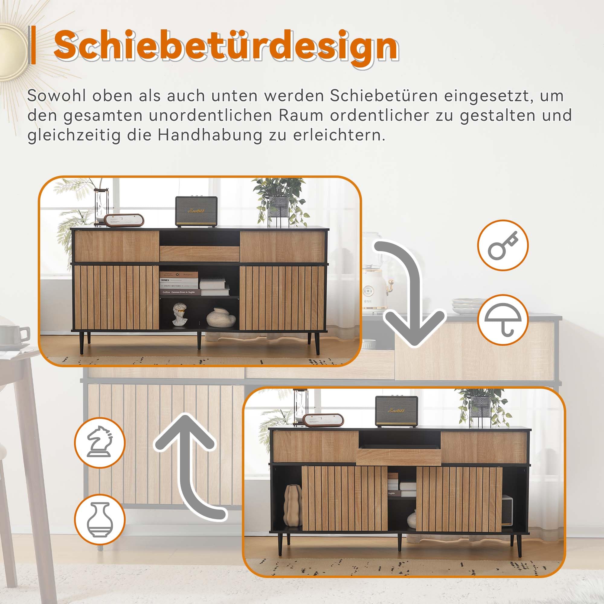 Zepneiy Cassettiera 160 x 40 x 80 cm con 4 ante scorrevoli e 1 cassetto, rovere+nero