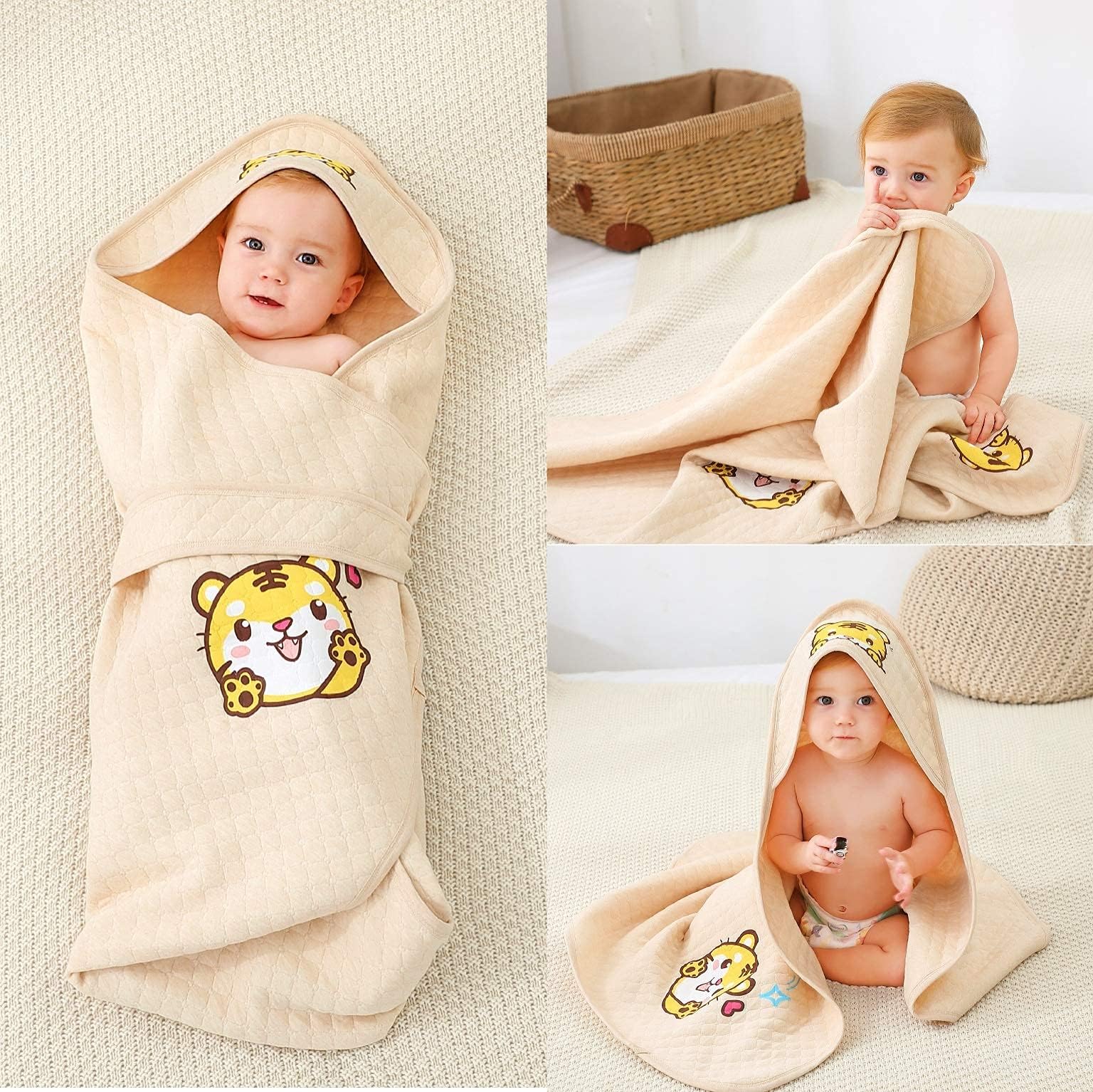 Alcea Rosea Unisex-Baby Newborn Tiger Print Hooded Baby Blanket Organic Cotton Wearable Blanket Sleep Bag Blanket Sleeper for Baby (Tiger)