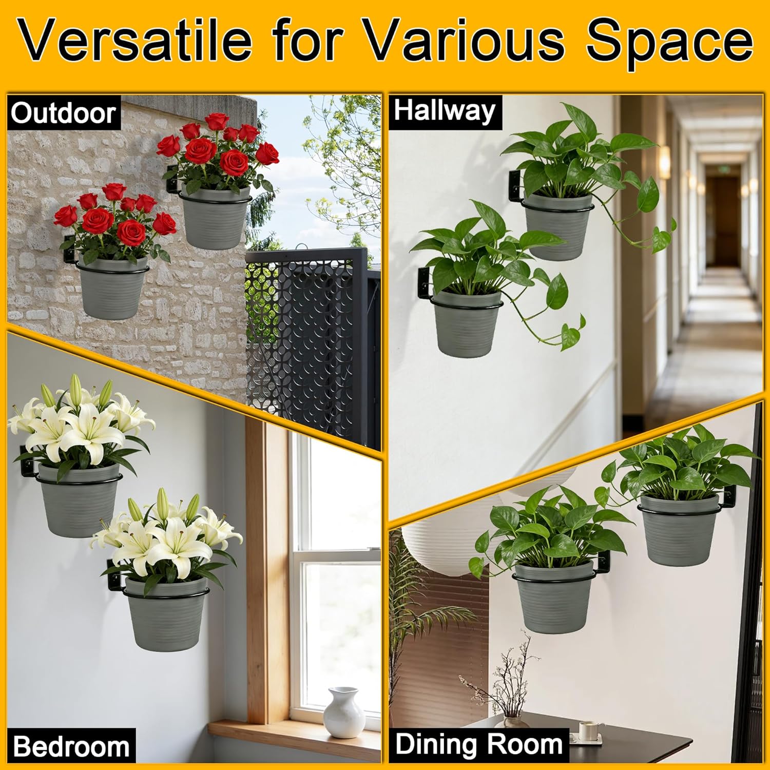 6 Pack 8 Inch Flower Pot Holder Ring Wall Mount Brackets, Black Metal Plant Holder Rings with 12 Screws & 12 Bolts, Potted Planter Brackets for Indoor Outdoor Garden, Patio