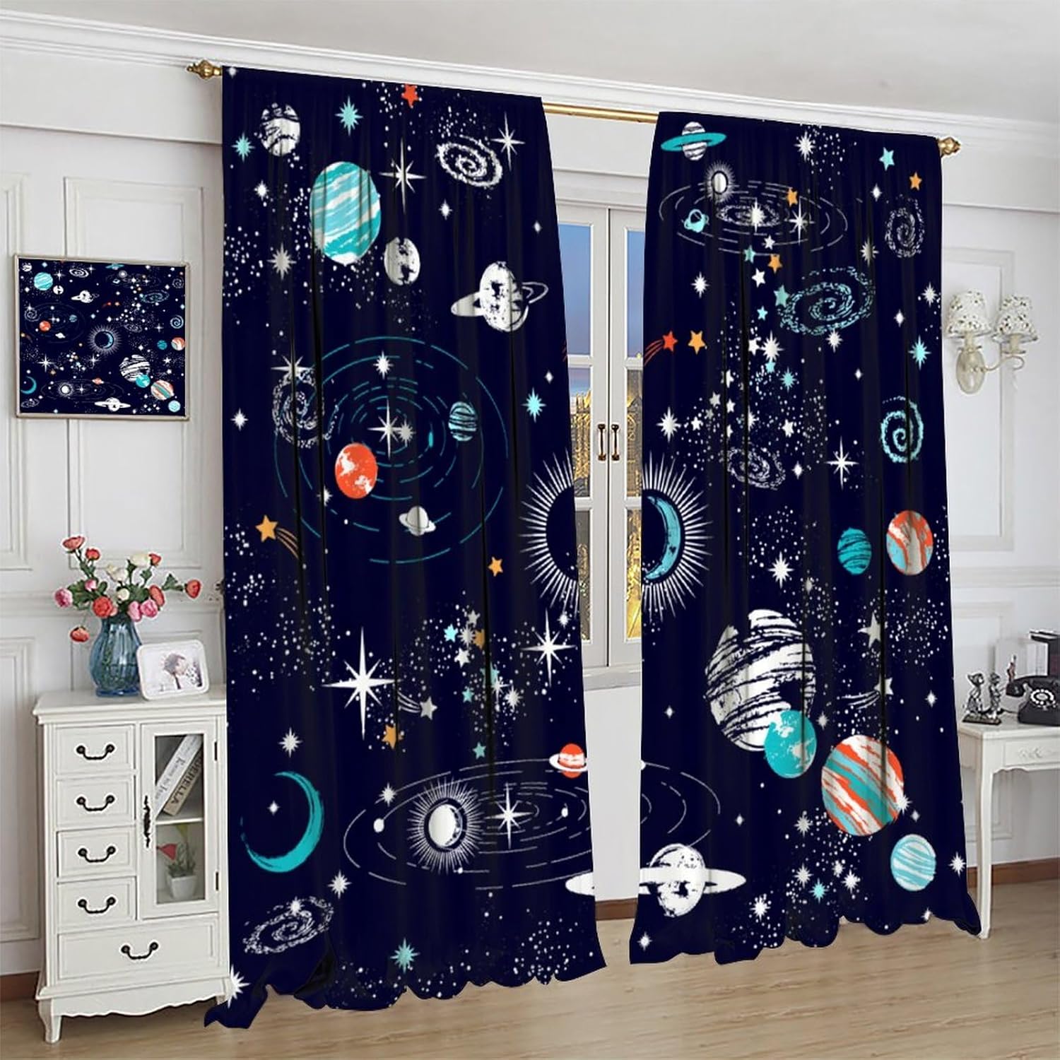 Outer Space Galaxy Blackout Curtains, Boys Kids Cartoon Universe Planets Thermal Insulated Printed Rod Pocket Window Drapes for Living Room Bedroom Decor 42" W X 54" L