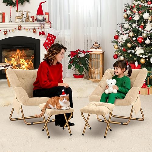 Miniatura 2 de Silla plegable Comfy Saucer para sala de estar, silla de piel sintética suave para dormitorio, sillas de lectura para adultos y niños, XL, beige