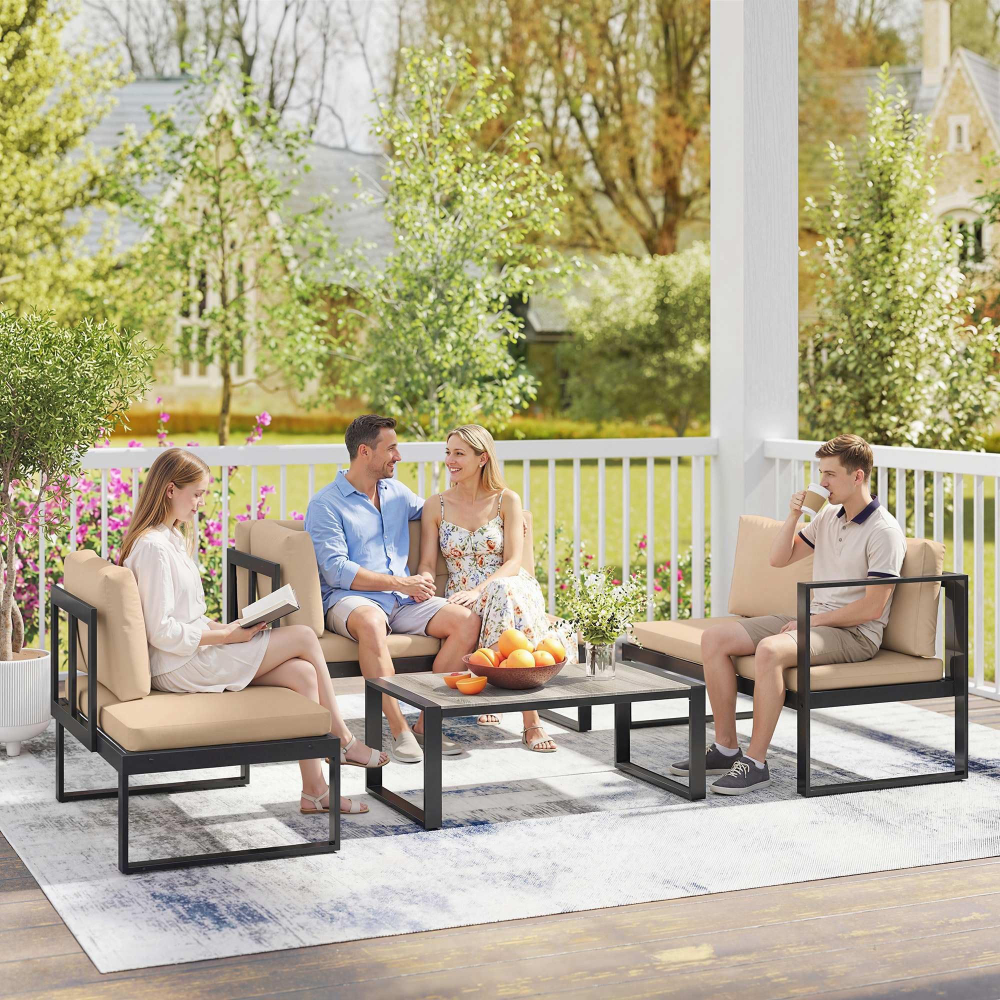 Outsunny Conjunto de Jardín Exterior de 4 Piezas, Muebles Jardín Exterior con 2 Sofás de 2 Plazas, 1 Sillón sin Brazos y Mesa de Centro, Conjunto de Sofá con Estructura de Acero y Cojines, Caqui