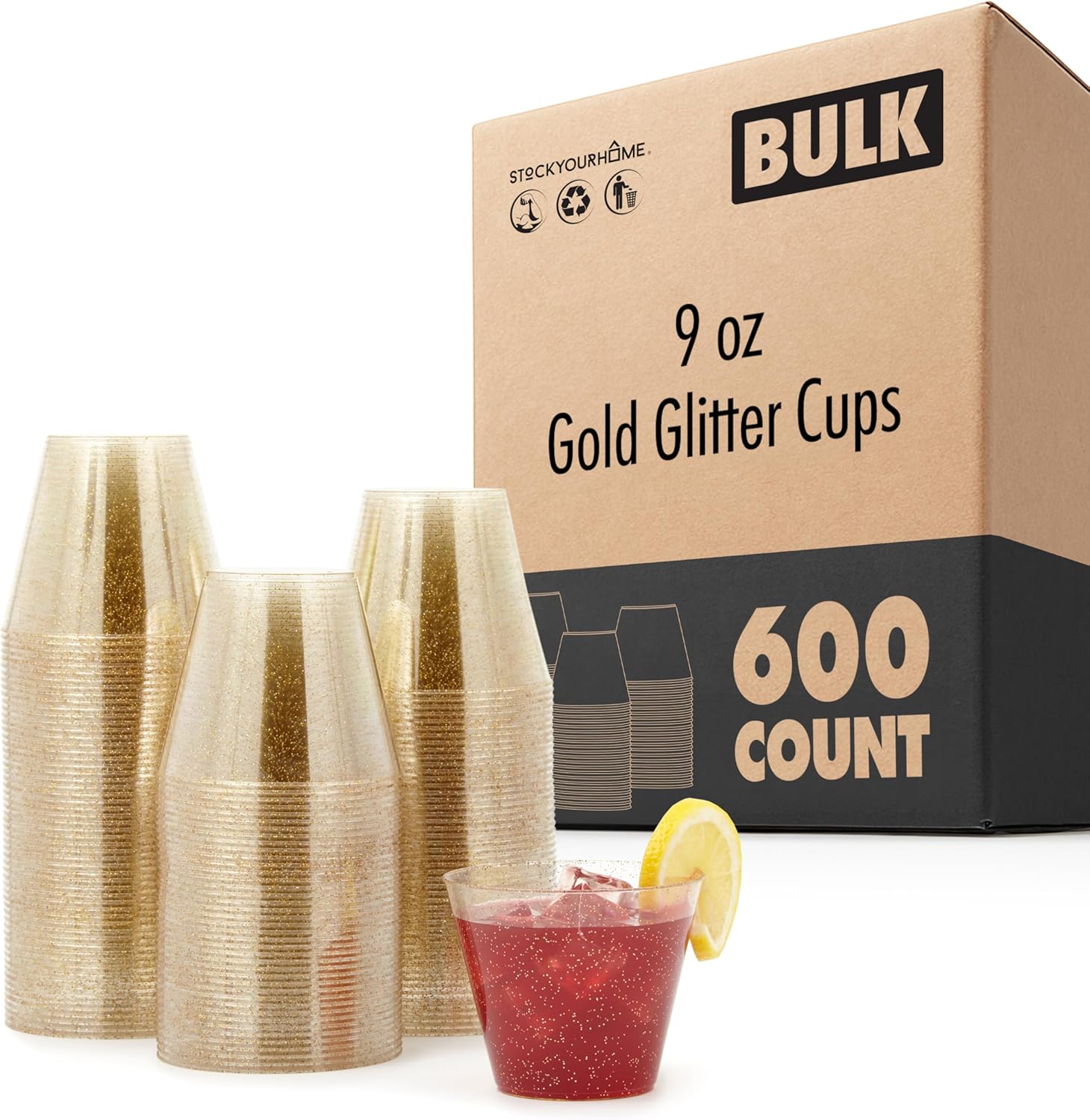 Stock Your Home 9oz Gold Glitter Plastic Cups (600 Pack) – Elegant Disposable Cocktail Cups for Parties, Weddings, Holidays – Clear Gold Wine and Mimosa Glasses