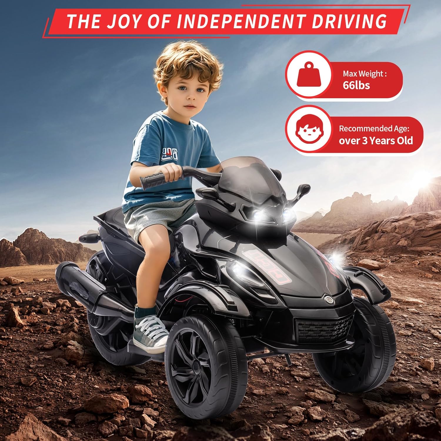 12V 3-Wheel Ride on ATV Electric Motorcycle for Kids, w/LED Lights, Music, One-Button Start, Forward/Backward, All-Terrain Wheels, Kids ATV Ride on Toy for Toddler Ages 3+, Easy Assemble, Black