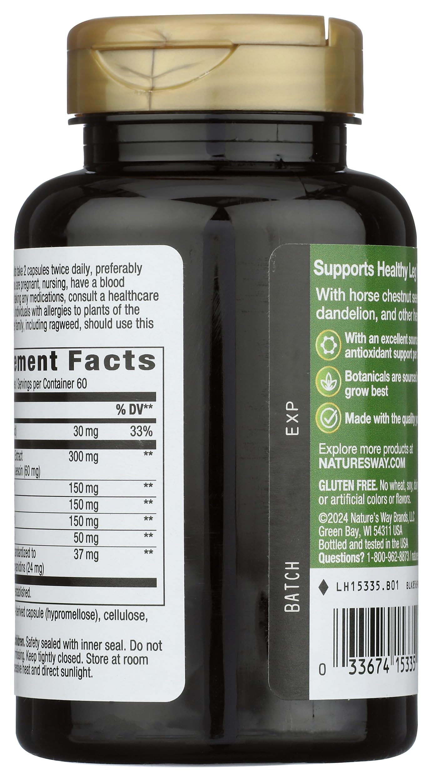 Nature's Way Leg Veins Premium Blend - Supports Healthy Leg Vein Strength* - 6-Herb Blend with Horse Chestnut Extract, Grape Seed Extract & Dandelion - Gluten Free & Vegan - 120 Count (60 Servings) — Amazon image 2