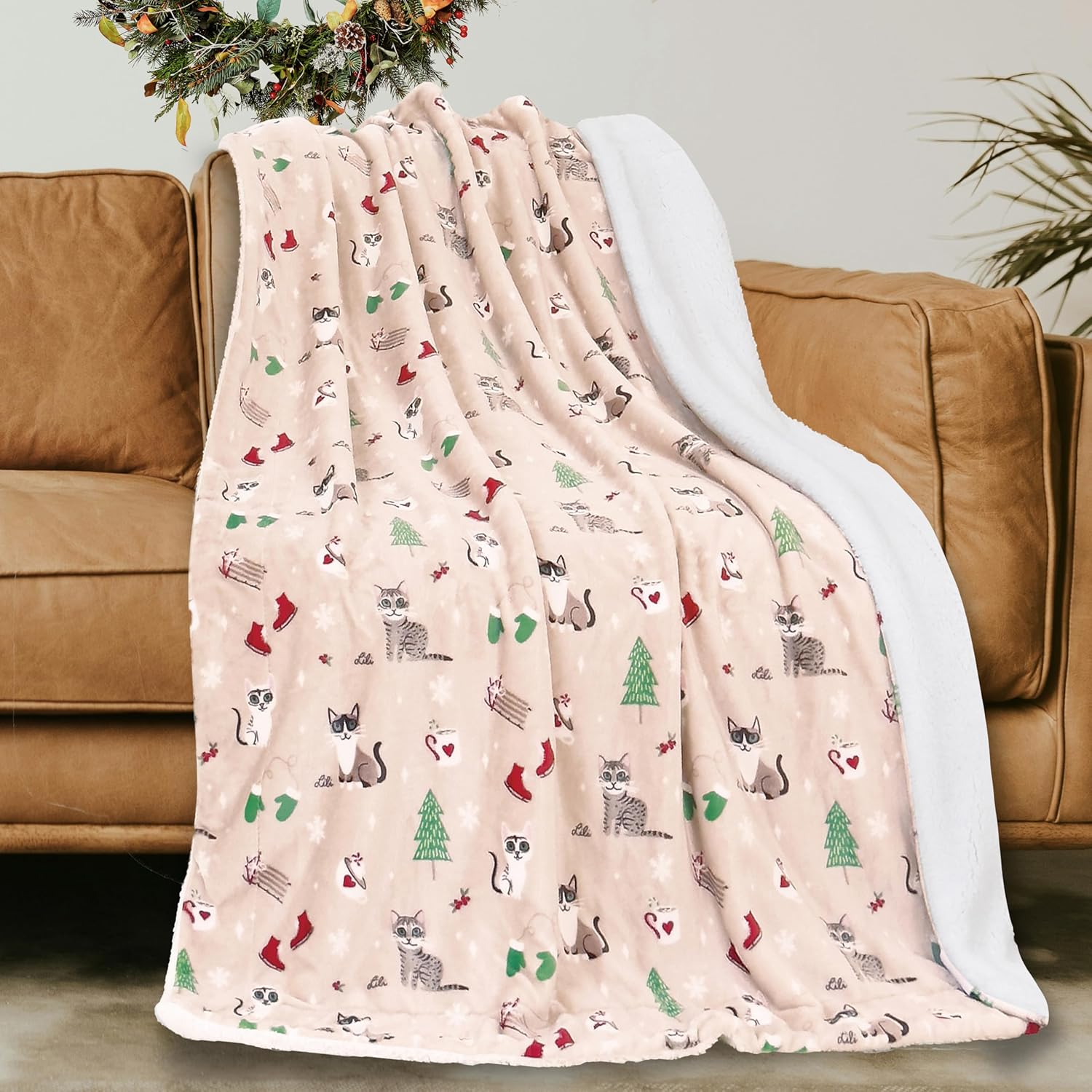 Mocassi Luxury Christmas Sherpa Throw Blanket - Ultra-Soft Velvet Touch Fleece, Reversible Micromink - Warm, Fluffy Holiday Decor Winter Gift Throw for Sofa, Bed - 50 x 60 inch, Cream Christmas Cat - Image 3