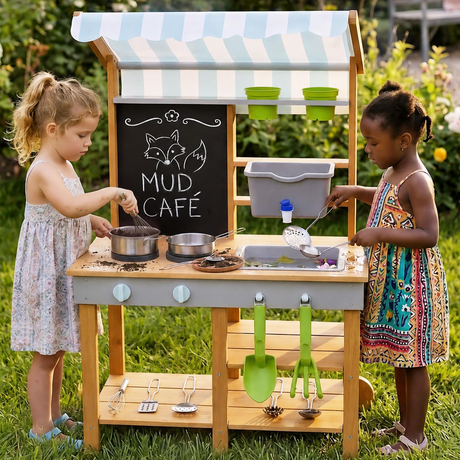 Matschküche Kinder Outdoor Holz mit Wasserdichtem Dach & Rädern, Kinderküche mit Wassertank Wasserhahn Kreidetafel & Spielküche Zubehör Set, Matschtisch Mud Kitchen Gartenspielzeug für Jungen Mädchen