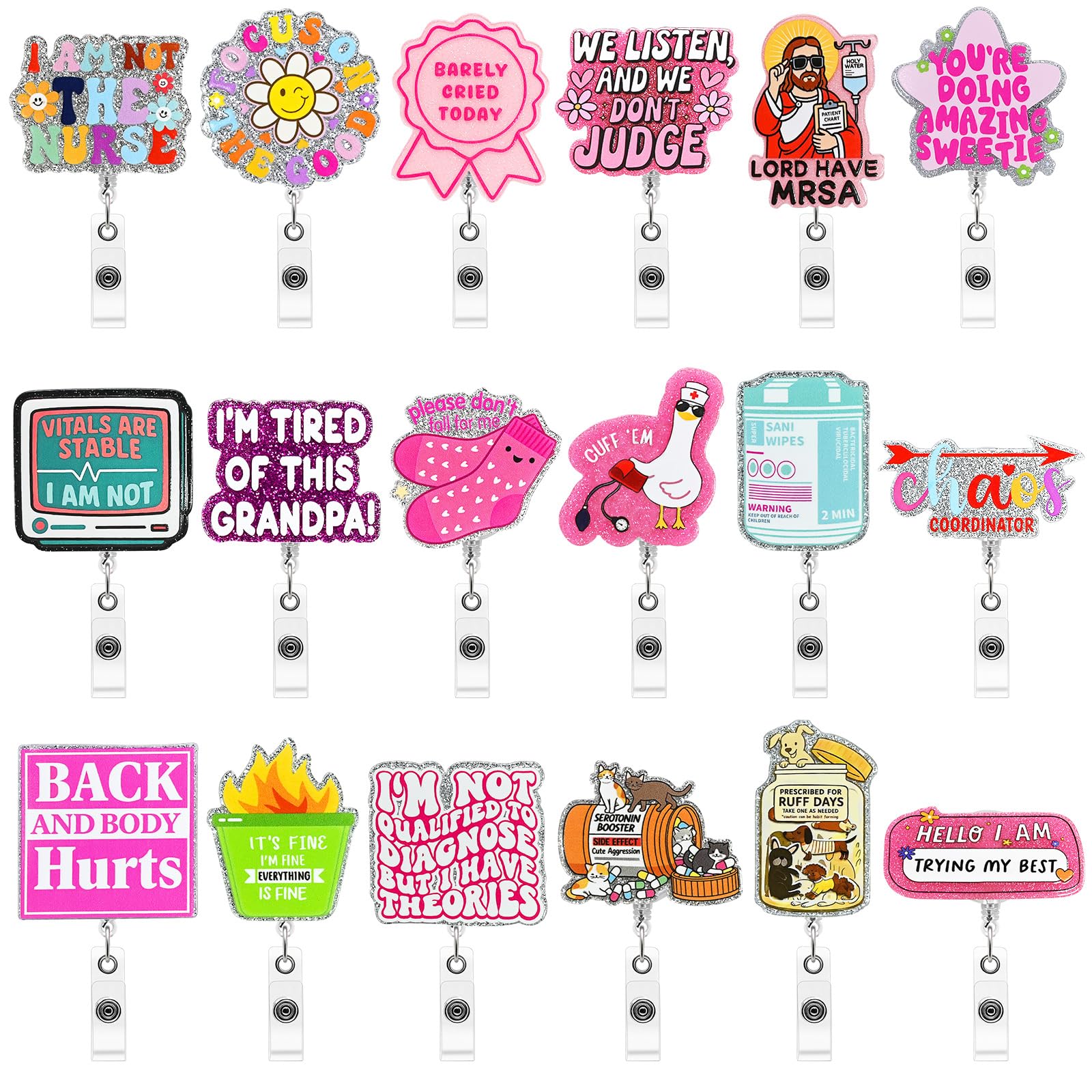 Photo 1 of 18 Pcs Funny Badge Reels Retractable Nurse Cute Name Badge Holders for Doctor Nursing Student Medical Assistant Coworker Work Accessories Bulk Gifts