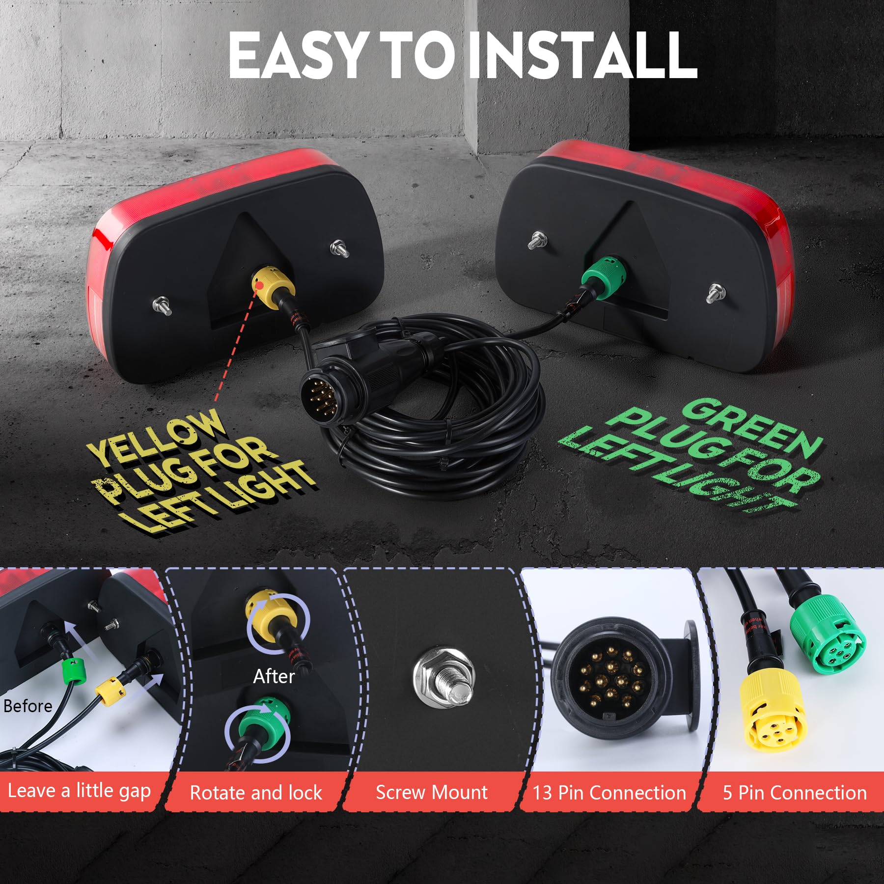 12V Pilotos Traseros Remolque, Luces para Remolque De 13 Pines, Luces Remolque, Con 5m Cable, 13 Pin Conector, Montaje De Tornillos, Ideal para Automóviles Camiones Caravanas Furgonetas Luces Traseras