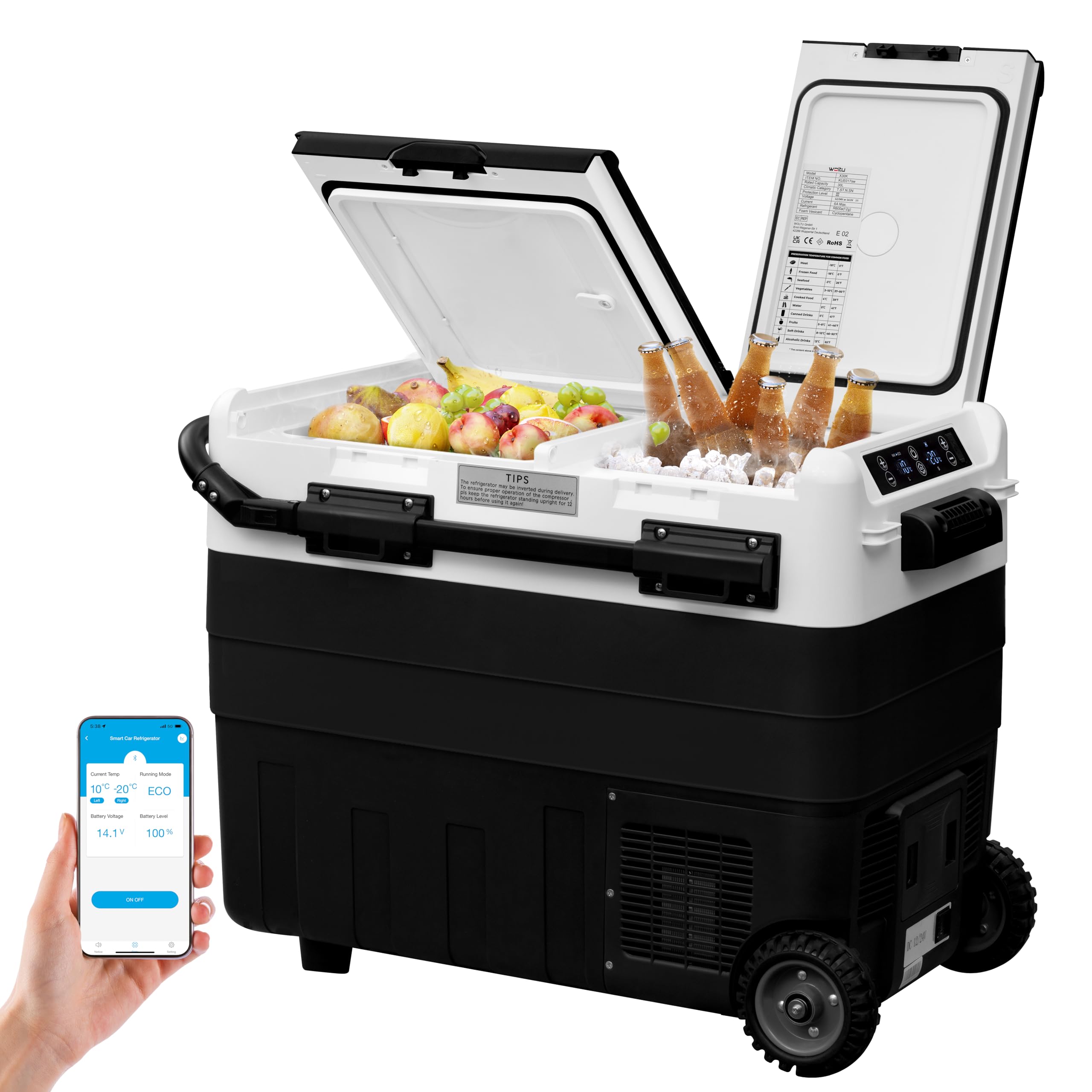 WOLTU Nevera Eléctrica para Coche 50L, Refrigerador Portátil Modo Eco, Congelador de Compresor DC 12/24 V, Mini Nevera Portátil para Camping, Viaje, Coche, Barco, Negro+Blanco