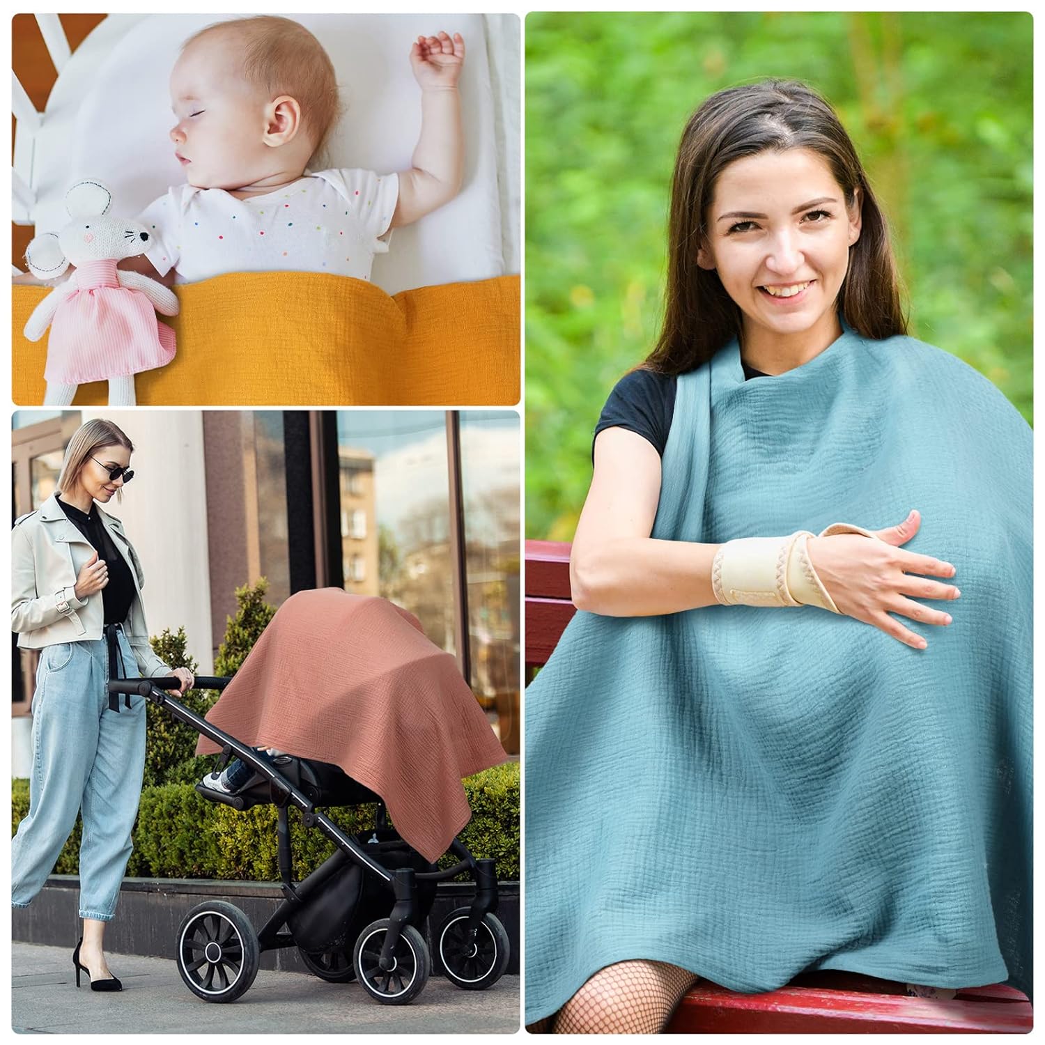 Treela 3 Pcs Muslin Cotton Breathable Nursing Cover Multi Use Car Seat Stroller Breastfeeding Cover for Breastfeeding Baby Shower Gifts Essentials(Rustic Color)