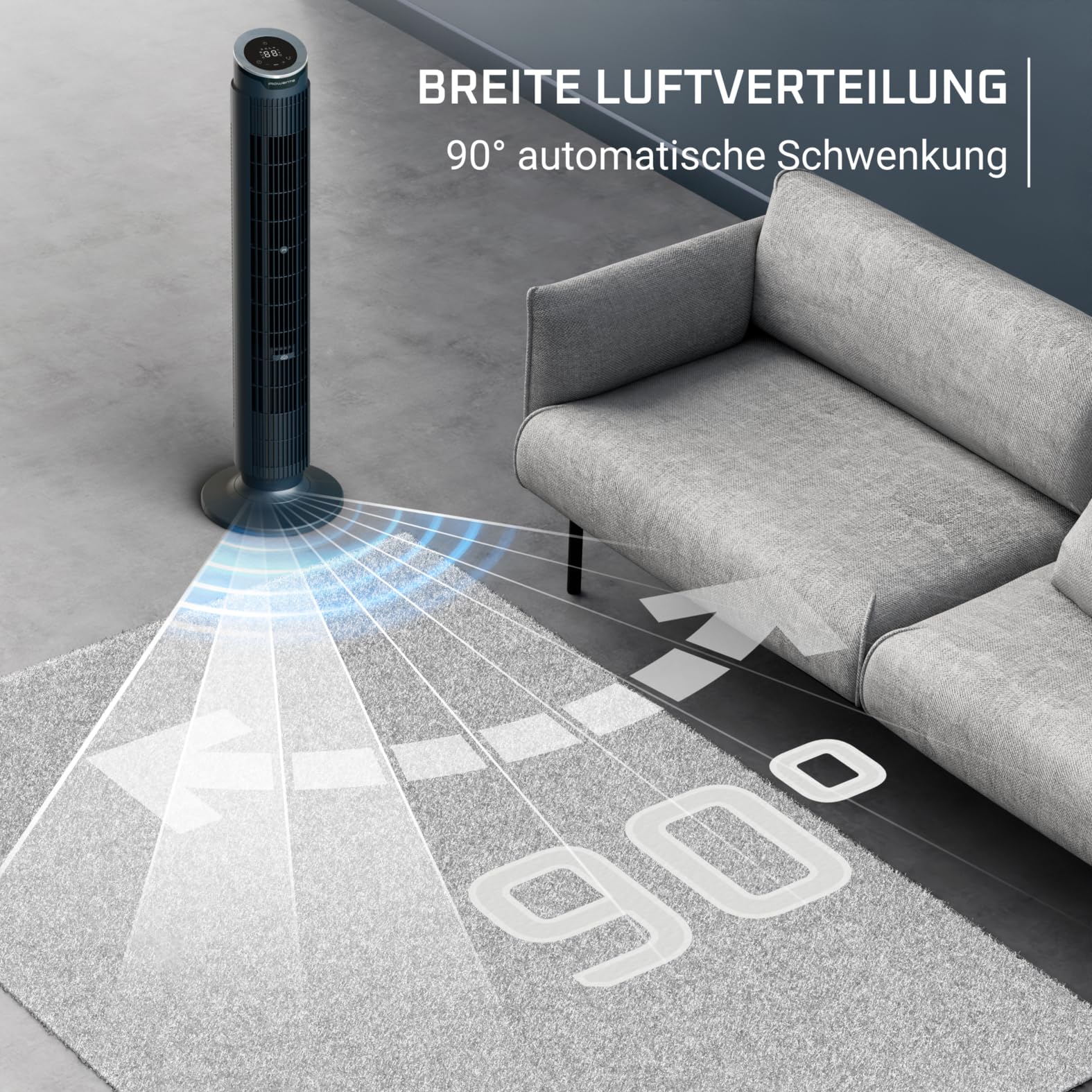 Rowenta Eole Silence Force Turmventilator VU7050F0, 12 Geschwindigkeitsstufen, 5 Automatikmodi, Timer, 60-90°-Schwenkung, Fernbedienung, Blau