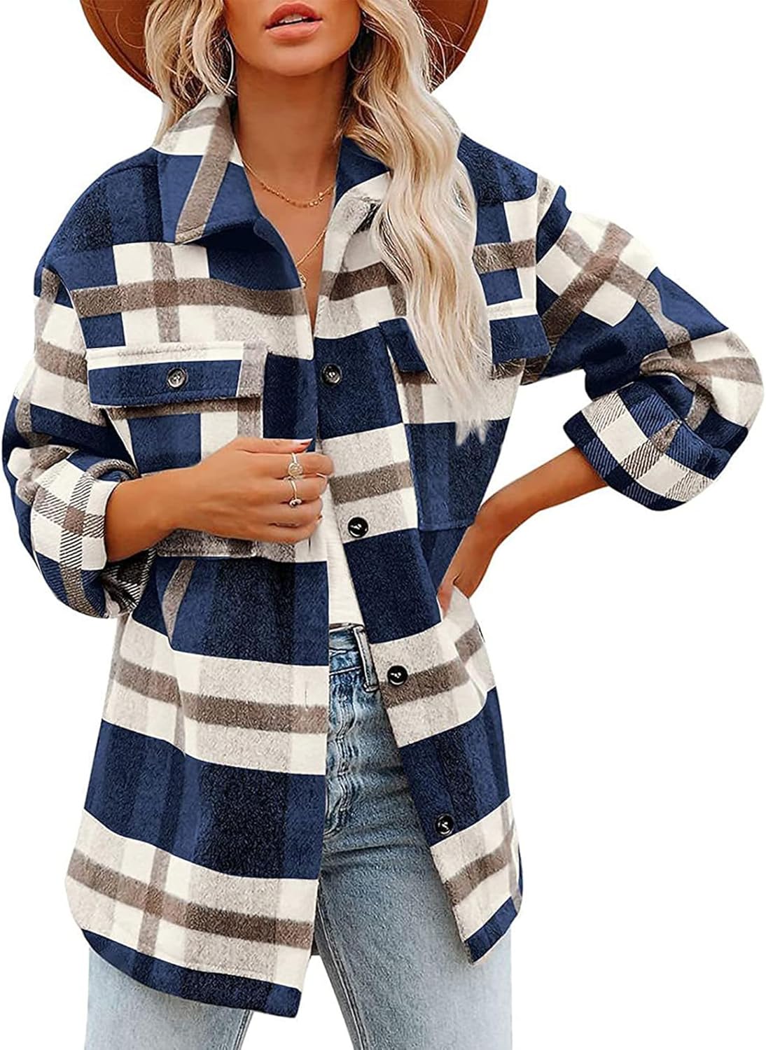 Blansdi Womens Flannel Shacket Plaid Button Down Long Sleeve Shirts Jacket Coats Fall Outfits Fashion Clothes 2025