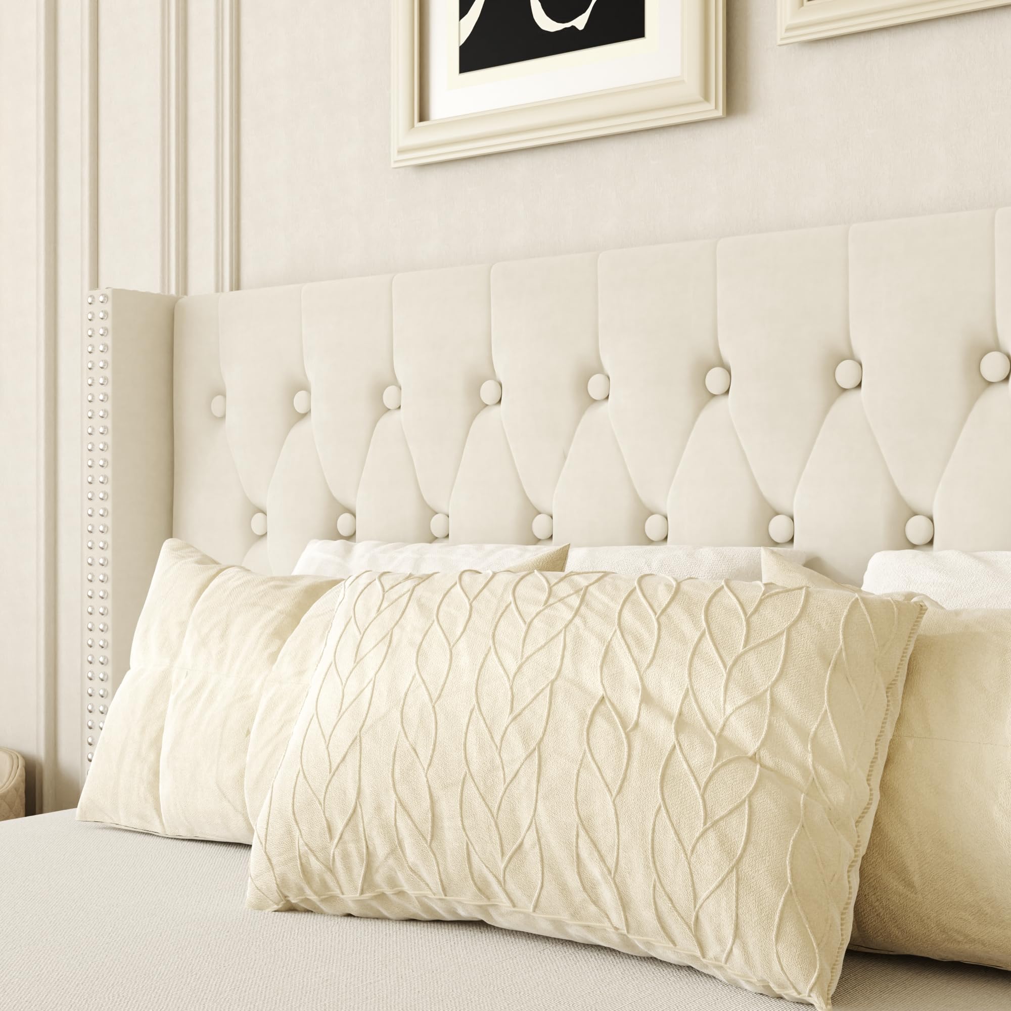 Base de cama de plataforma tamaño King con cabecera capitoné con botones, respaldo moderno con aleta con ribete de doble hilera, no necesita somier, fácil montaje, terciopelo beige 7