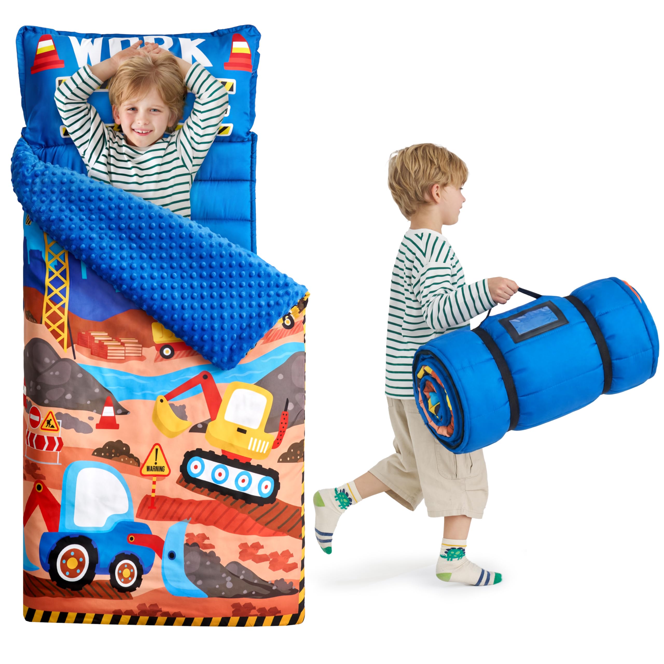 JOIEDOMI Toddler Sleeping Bag for Kids 55''x30'' Nap Mat with Removable Pillow and Minky Blanket for Toddler Ages 3-7 Roll Up Soft Kids Sleeping Bag