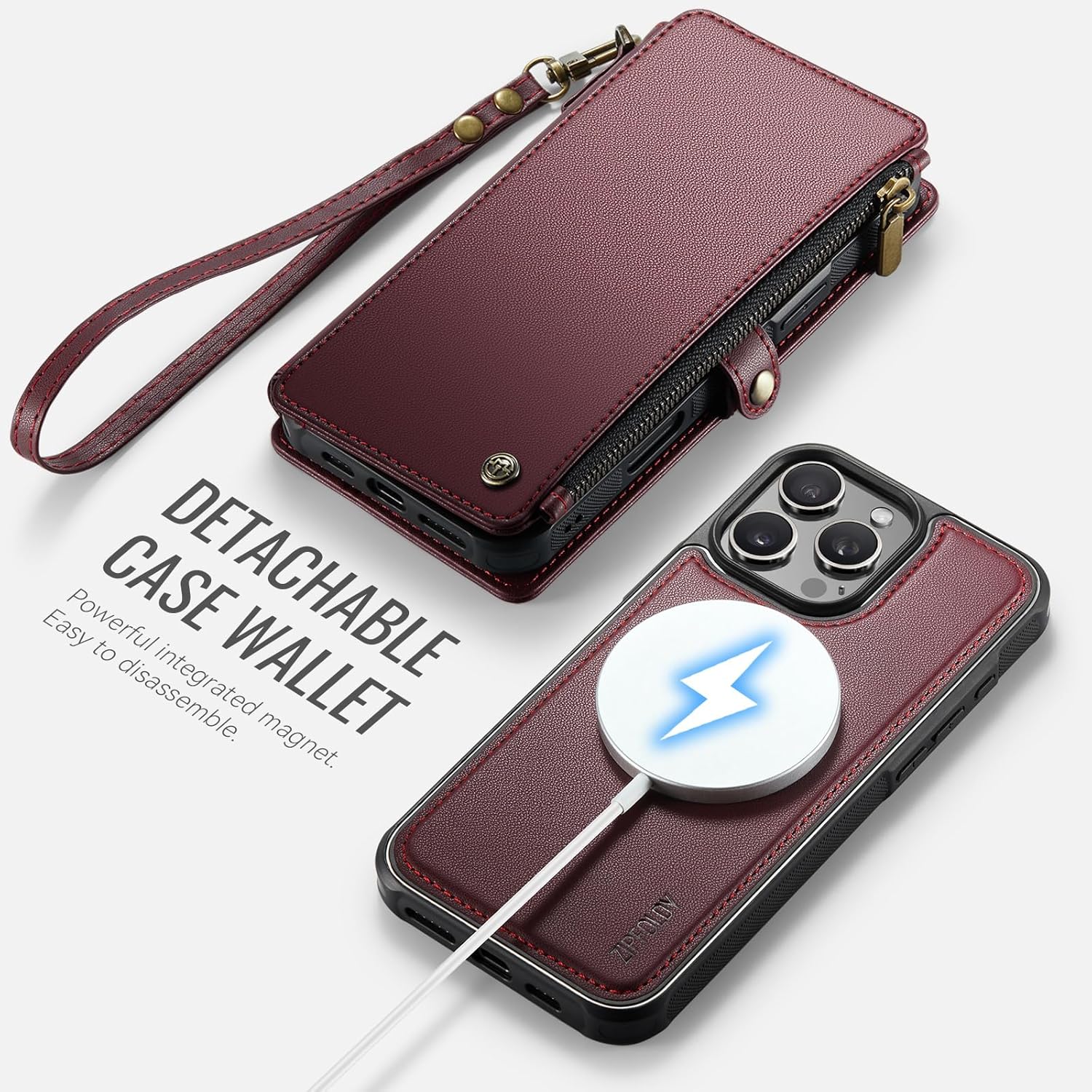 for iPhone 16 Pro Max Wallet Case Magnetic [Compatible with Magsafe] [RFID Blocking Card Holder] Zipper Strap Detachable Drop-proof Protective Phone Cases for iPhone 16 Pro Max 6.9", Burgundy