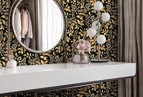 Miniatura 3 de Fiula Papel pintado negro y dorado de 16.1 x 393 pies, papel tapiz extraíble autoadhesivo decorativo para estantes y cajones, rollo impermeable