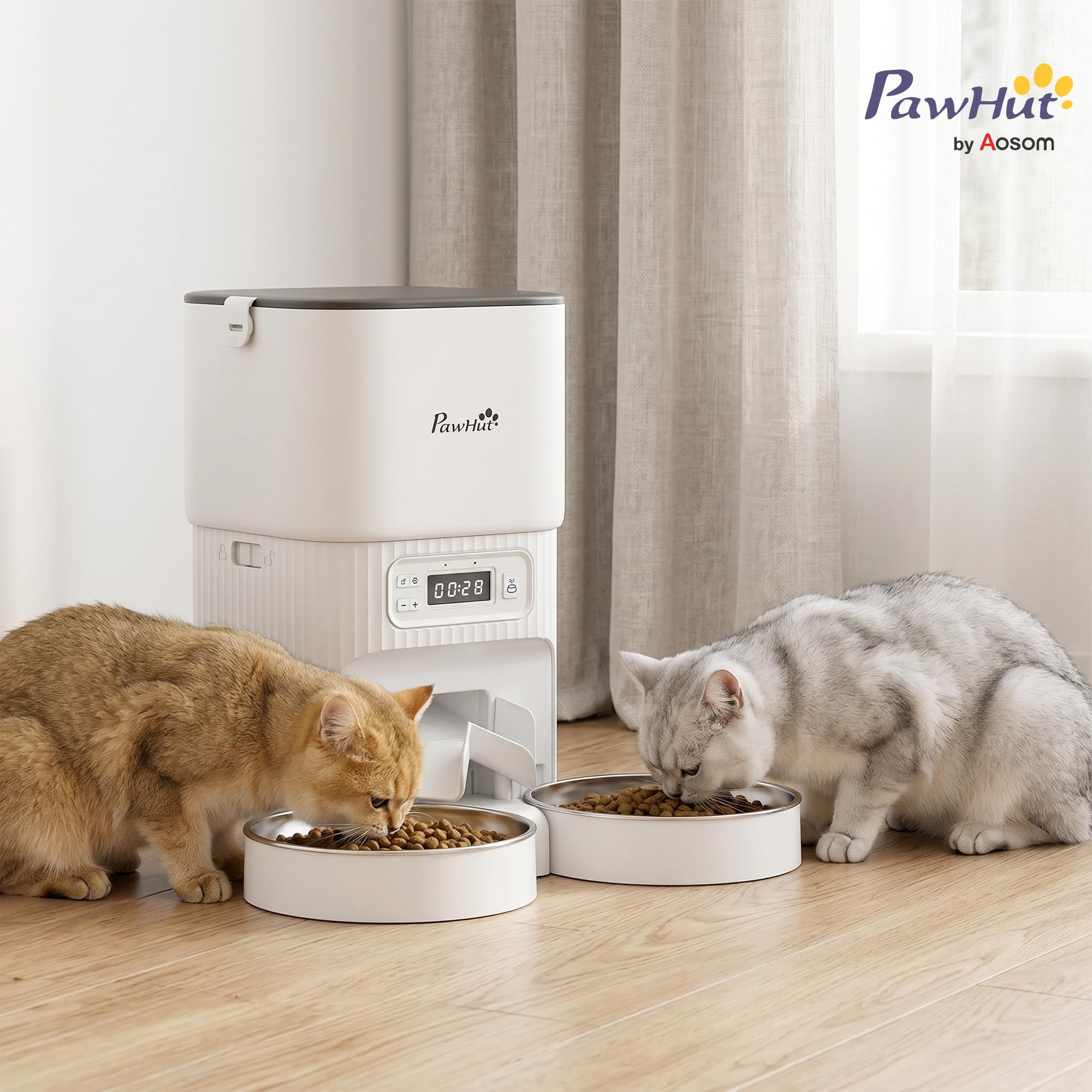 PawHut Mangiatoia automatica per gatti, 4 l, con 2 ciotole in acciaio inox, 1-6 pasti al giorno, design anti-intasamento, display LCD, mangiatoia per gatti e cani