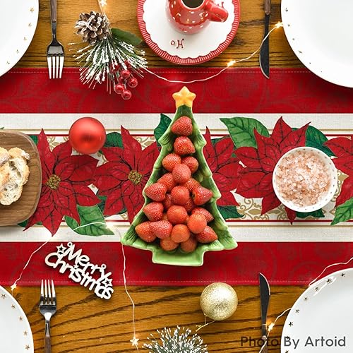 Miniatura 4 de Artoid Mode Camino de mesa de Navidad con diseño de flor de pascua roja, decoración de mesa de comedor para fiestas en el hogar, 13 x 36 pulgadas