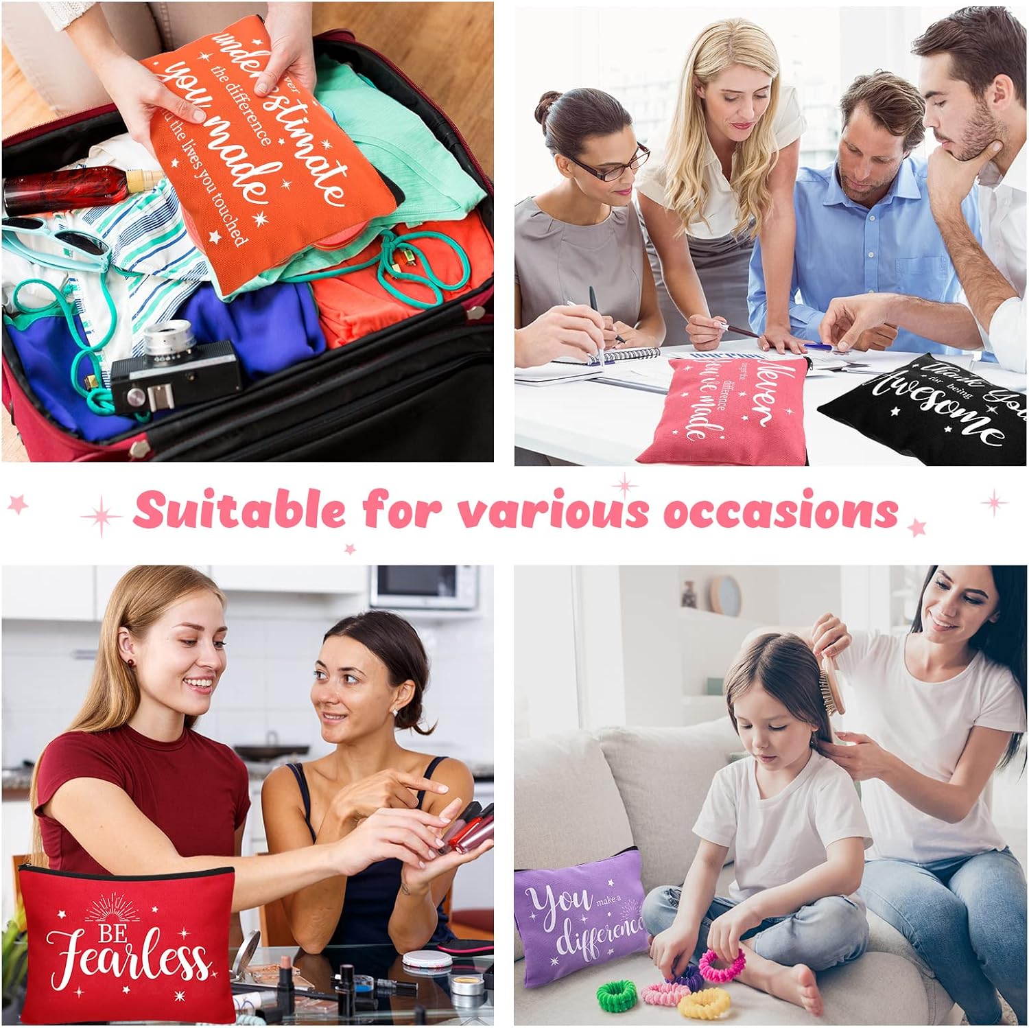 Kajaia 24 Pieces Inspirational Canvas Cosmetic Bags Makeup Bags with Zippers Appreciation Motivational Toiletry Purse Pouches Positive Travel Makeup Pouches for Girl Women Friends Coworker, 8 Designs - Image 6