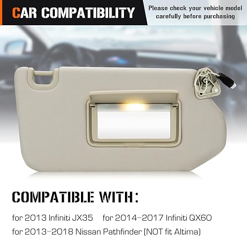 Miniatura 2 de Visera solar para el lado del pasajero derecho beige con luz para Nissan Pathfinder 2013-2018 Infiniti QX60 JX35 Beige Reemplazo de visera solar