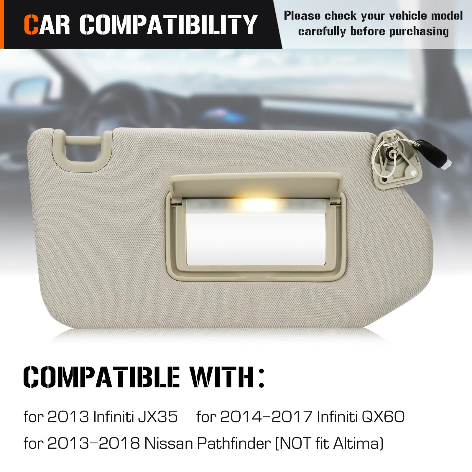 Sun Visor with Light for 2013-2018 Nissan Pathfinder, 2014-2017 Infiniti QX60, 2013 JX35, Right Passenger Side Beige Sunvisor Replacement 96400-9PB0A
