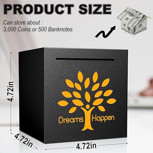 Miniatura 3 de Alcancía debe romperse para abrir, alcancía de acero inoxidable creativa segura para dinero real (Dreams Happen-Black, 4.72 pulgadas)
