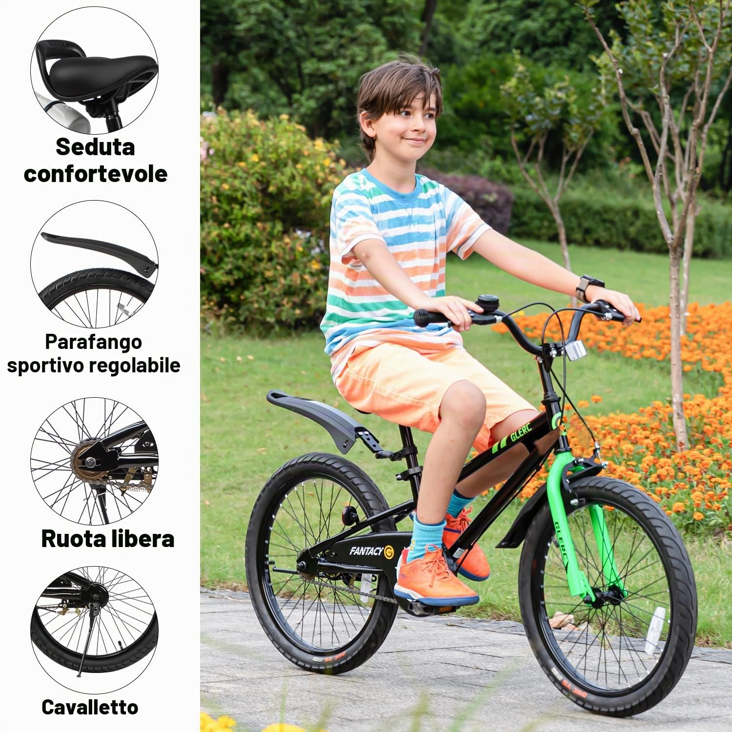 Glerc Fantacy 12 14 16 18 20 pollici Bicicletta per bambini da 2 a 14 anni con luci e cavalletto per regalo di compleanno, vari colori