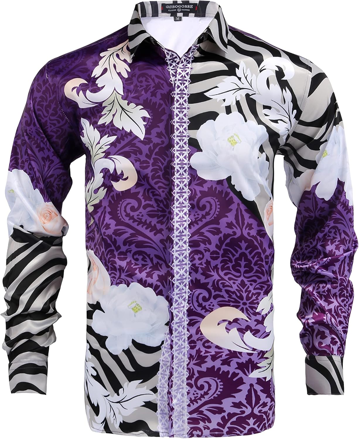 Mens Luxury Brand Printed Silk Like Satin Button Down Dress Shirt for Party Prom Long Sleeve Slim Fit Floral Nightclub Shirt