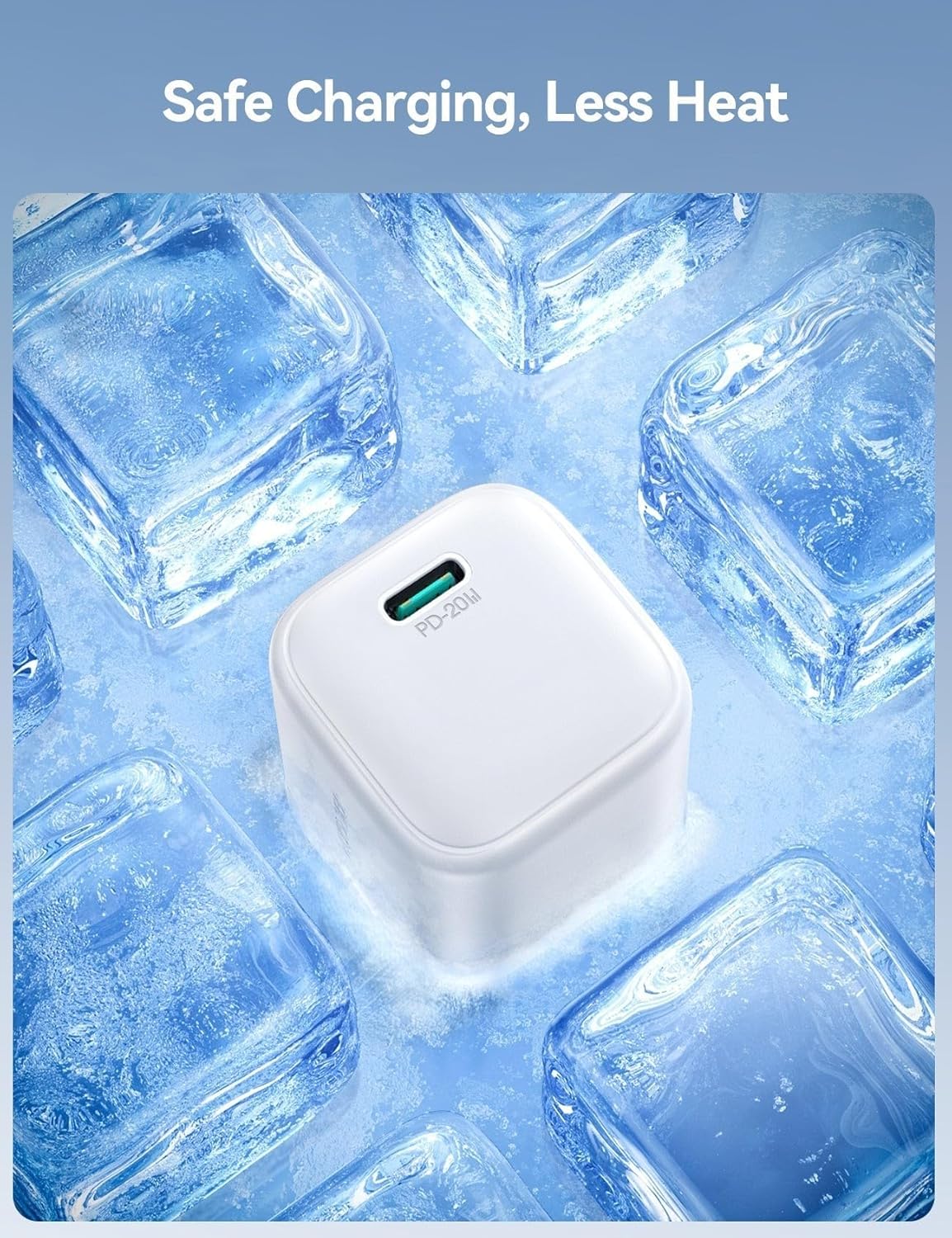 Joyroom JR-TCG08 charger surrounded by ice cubes, symbolizing cool and safe charging