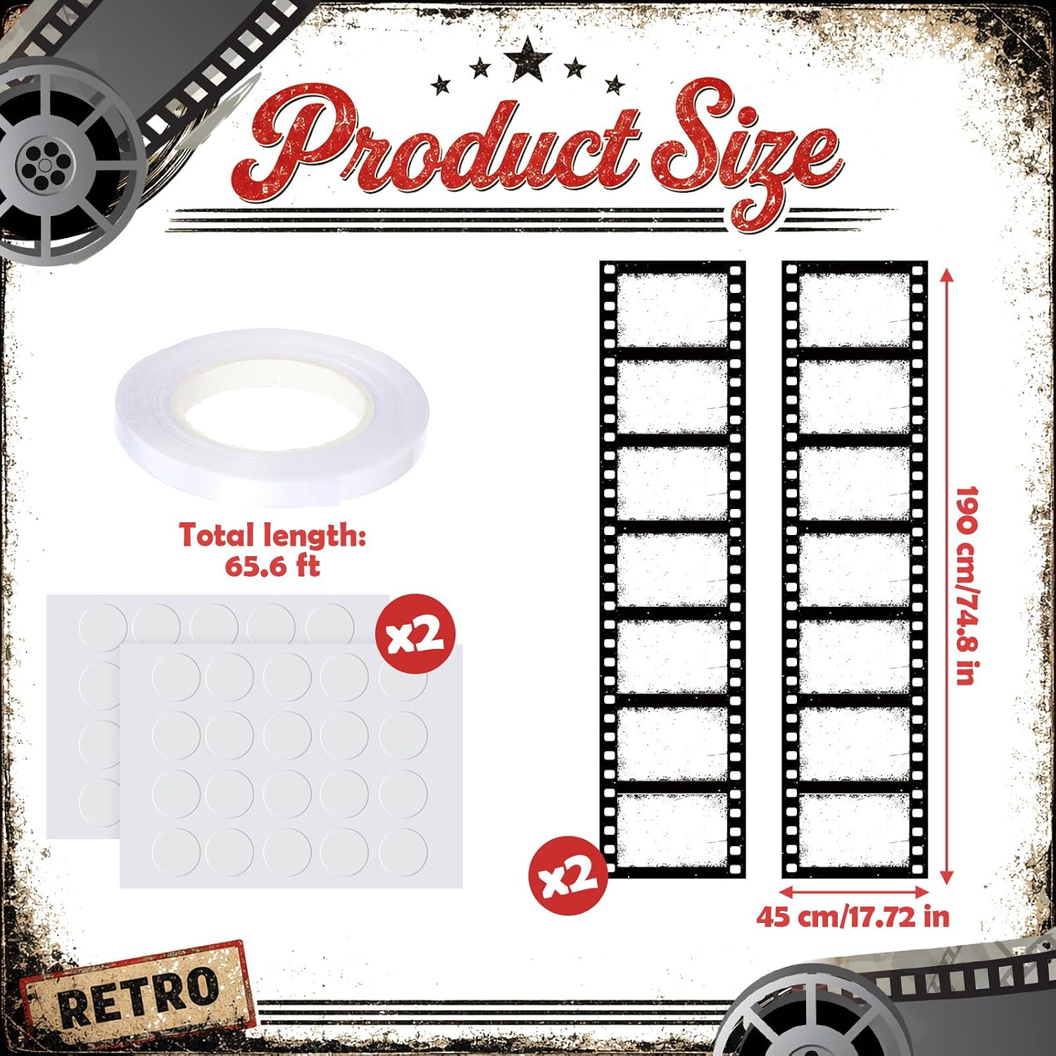 SmoothNovelty 2 Pcs 75" x 18" Widened Filmstrip Tape Banners with Lines, Retro Distressed Black and White Film Reel Prop Movie Night Party Hanging Decor for Ceiling Wall Home Theater
