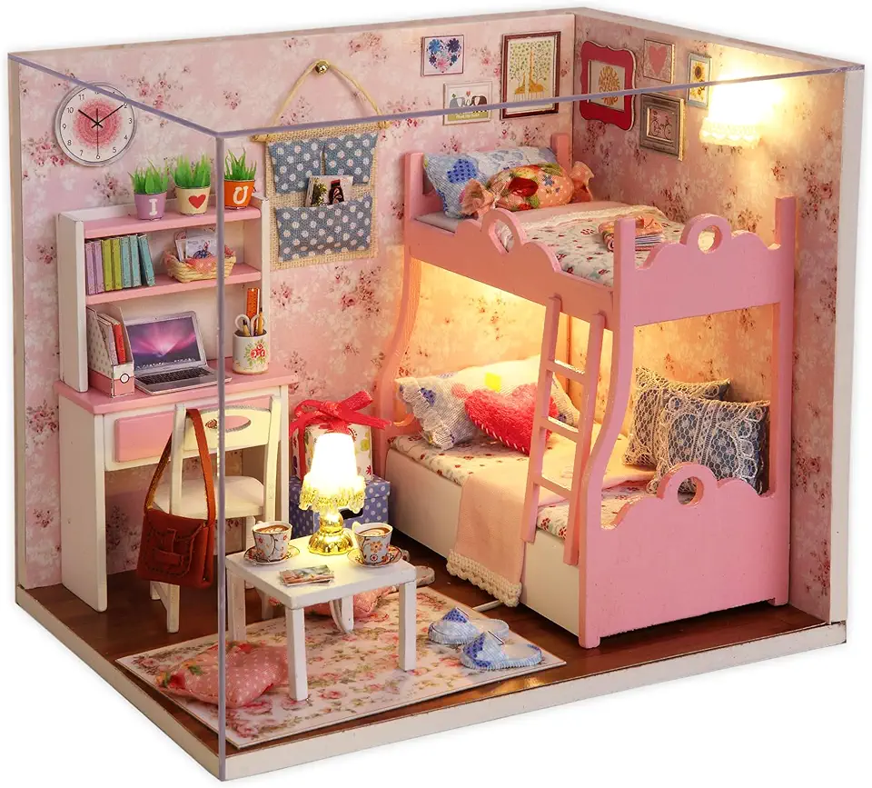 Kit de Casa de Bonecas Em Miniatura para Montar, com Móveis e Luzes de Led. Casa Em Miniatura Artesanal com Capa Protetora Contra Poeira. Escala 1:24. Instruções Em Inglês para Adultos.