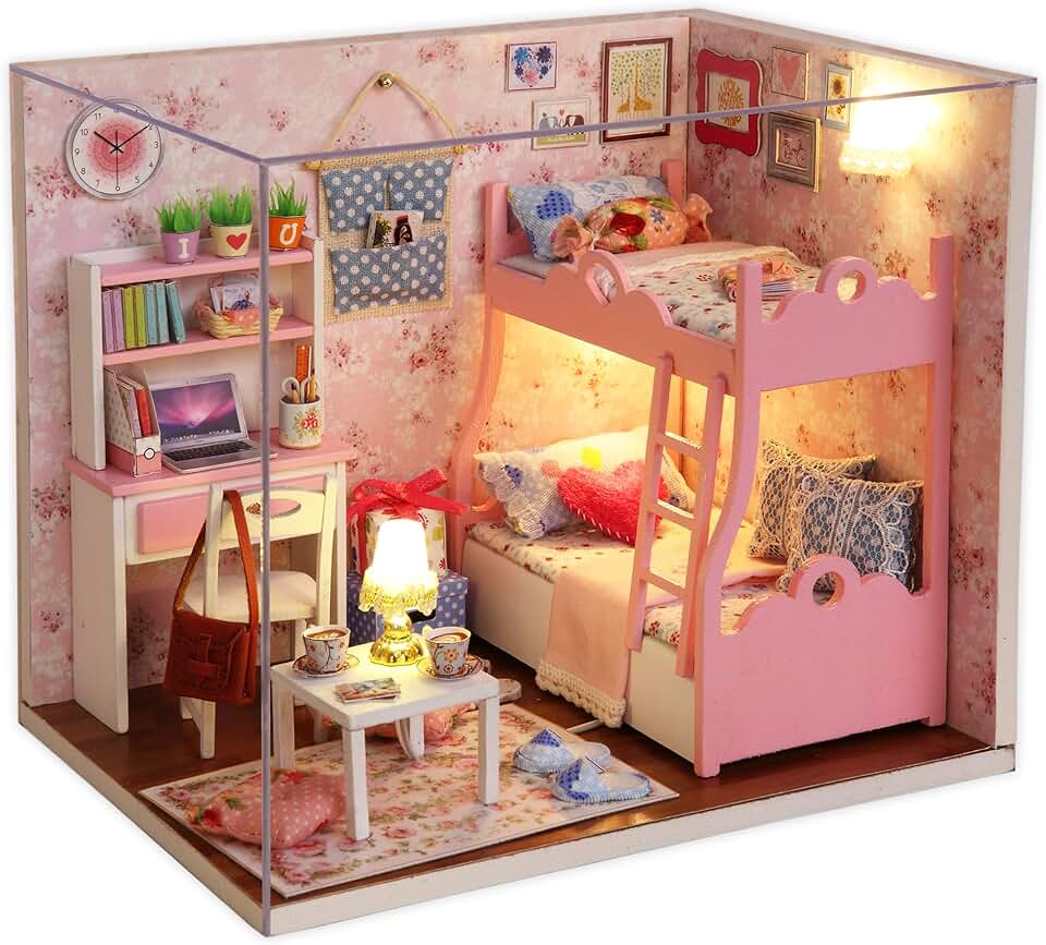 Kit de Casa de Bonecas Em Miniatura para Montar, com Móveis e Luzes de Led. Casa Em Miniatura Artesanal com Capa Protetora Contra Poeira. Escala 1:24. Instruções Em Inglês para Adultos.