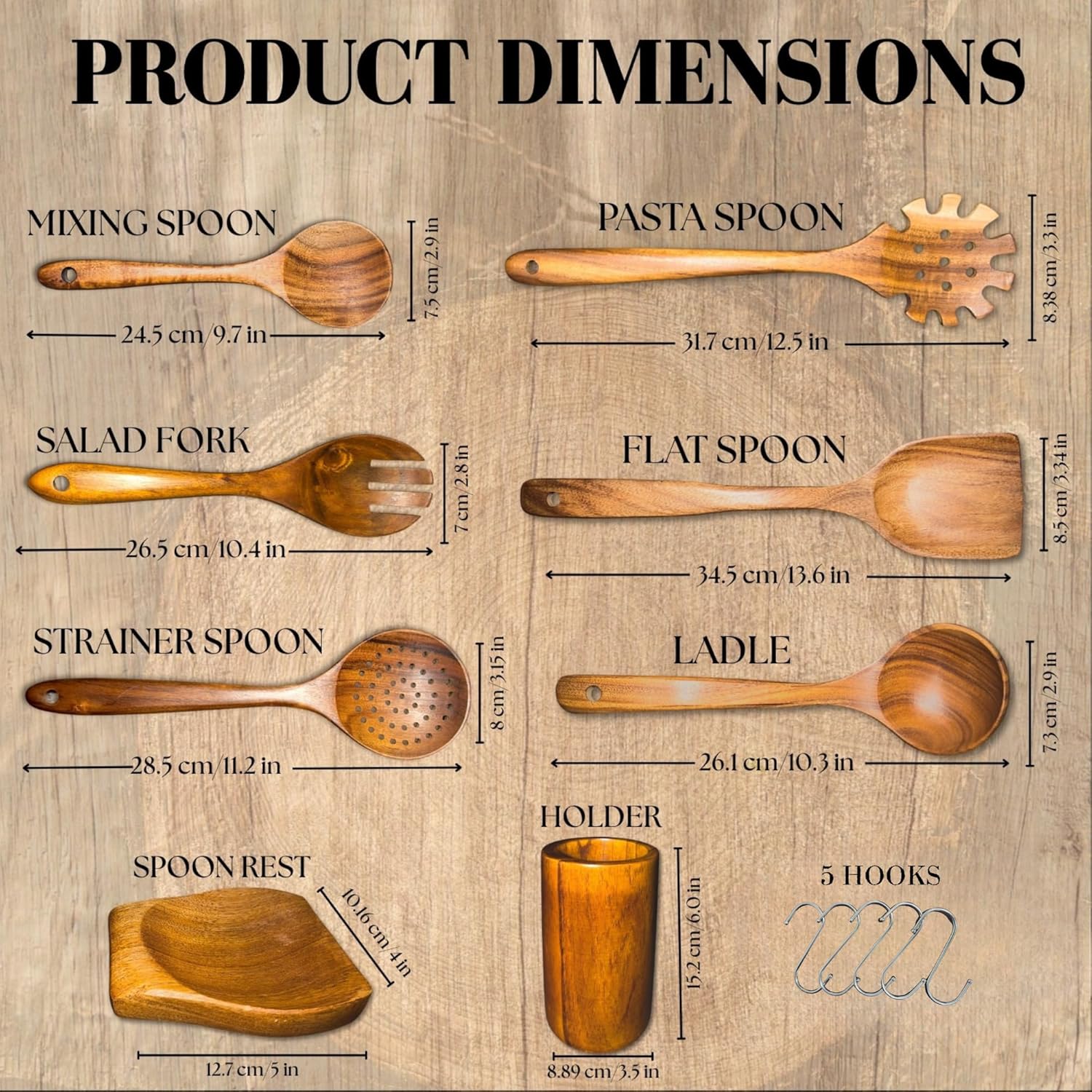 8 Pcs Wooden Spoons for Cooking - Wooden Utensils Set for Nonstick Pans &Cookware - Wooden cooking utensils with Rest, Utensil Holder and Hooks - Non Toxic, and Heat Resistant Teak Wooden Spoons - Image 2