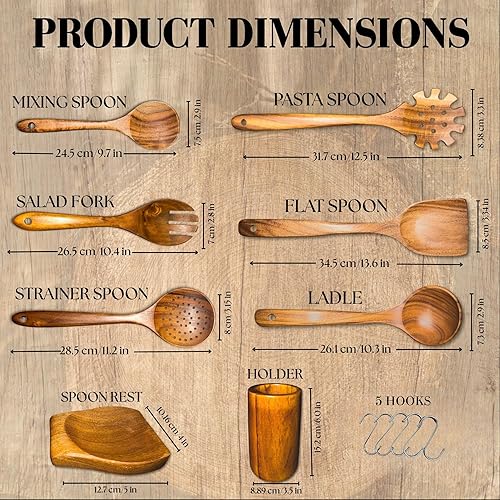 Miniatura 2 de Cucharas de madera para cocinar, juego de utensilios de 9 piezas para cocinar, juego de utensilios de madera de teca con soporte para cuchara y