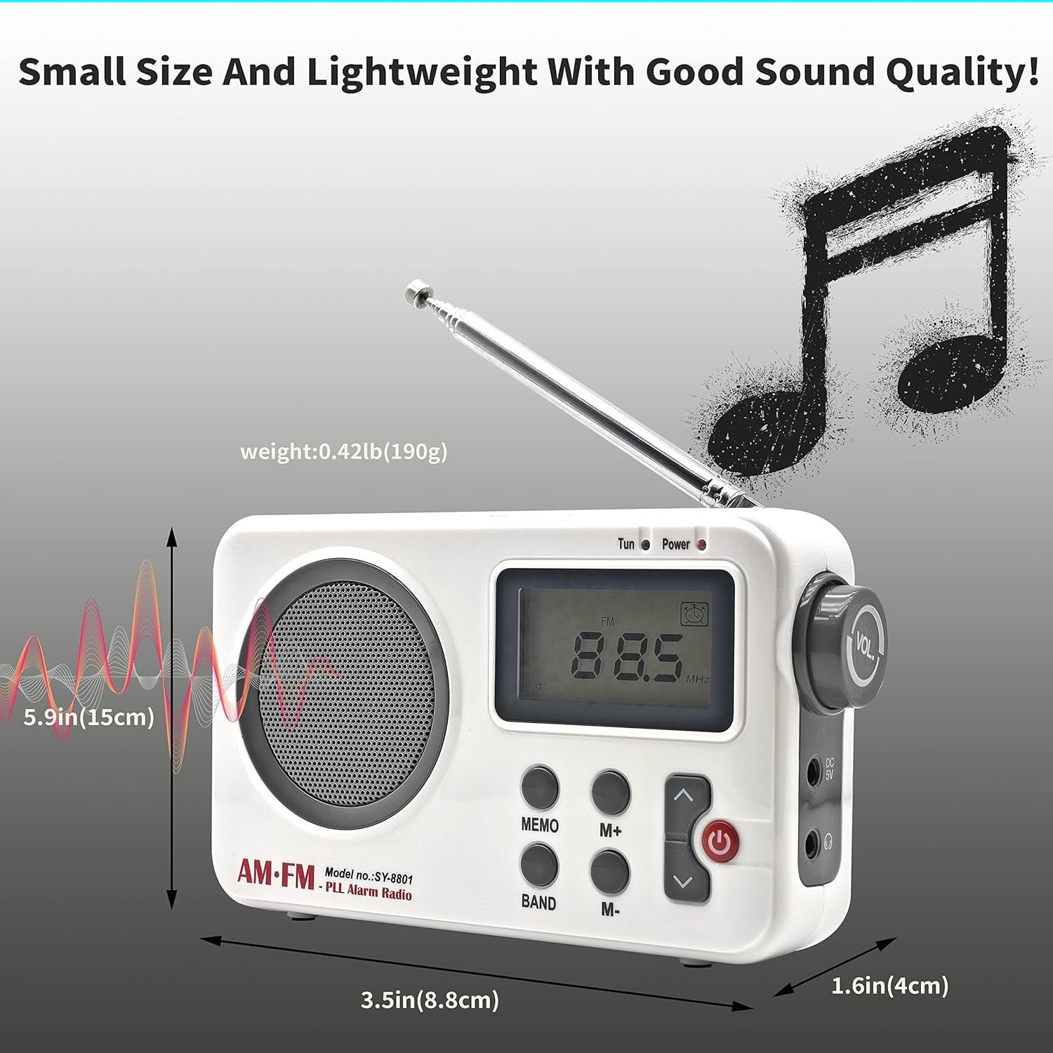 Image showing the dimensions of the FEZEQIN SY-8801 radio: 5.9 inches (15cm) height, 3.5 inches (8.8cm) width, and 1.6 inches (4cm) depth.